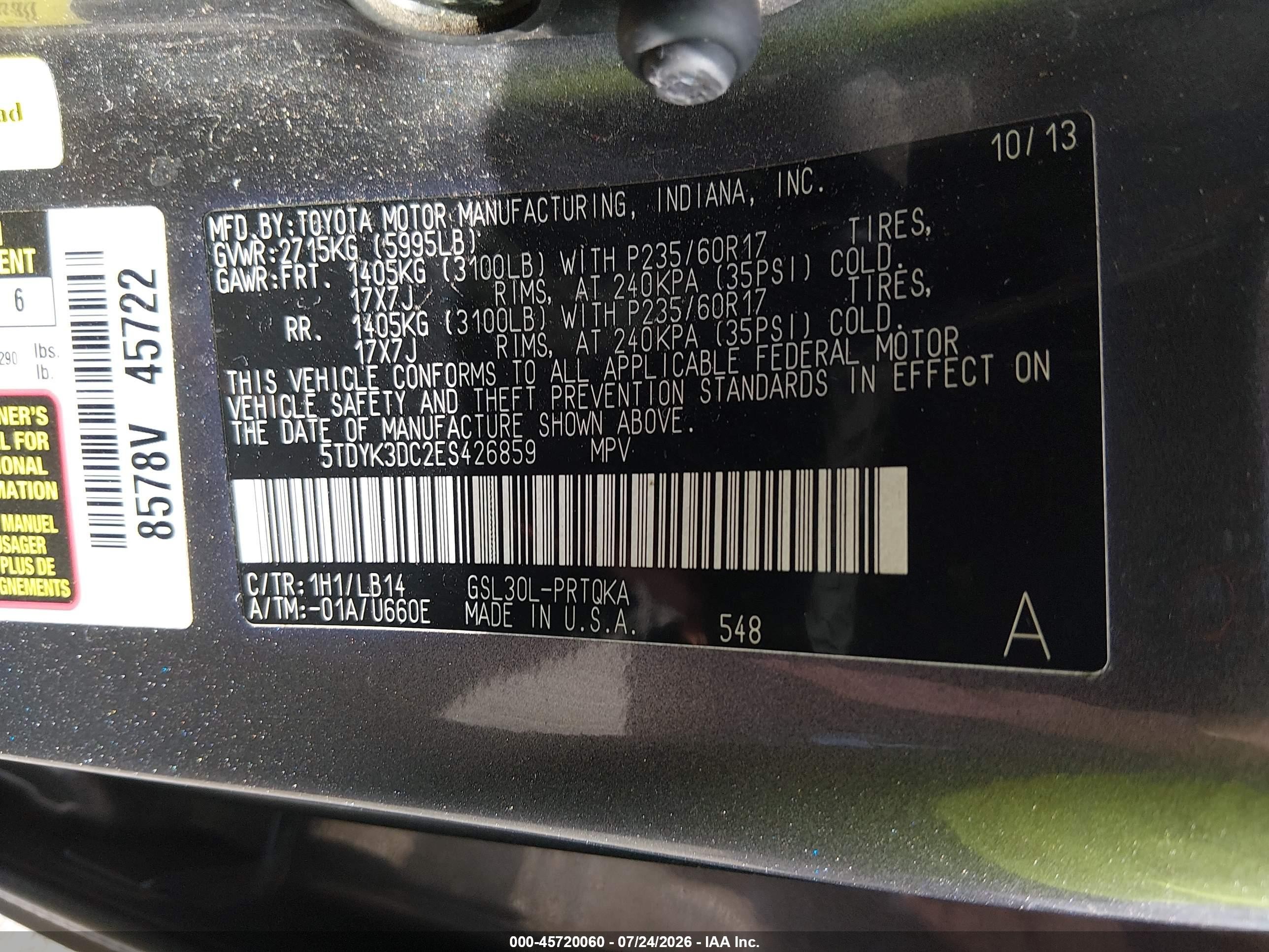 2014 Toyota Sienna Xle V6 8 Passenger Gray vin: 5TDYK3DC2ES426859