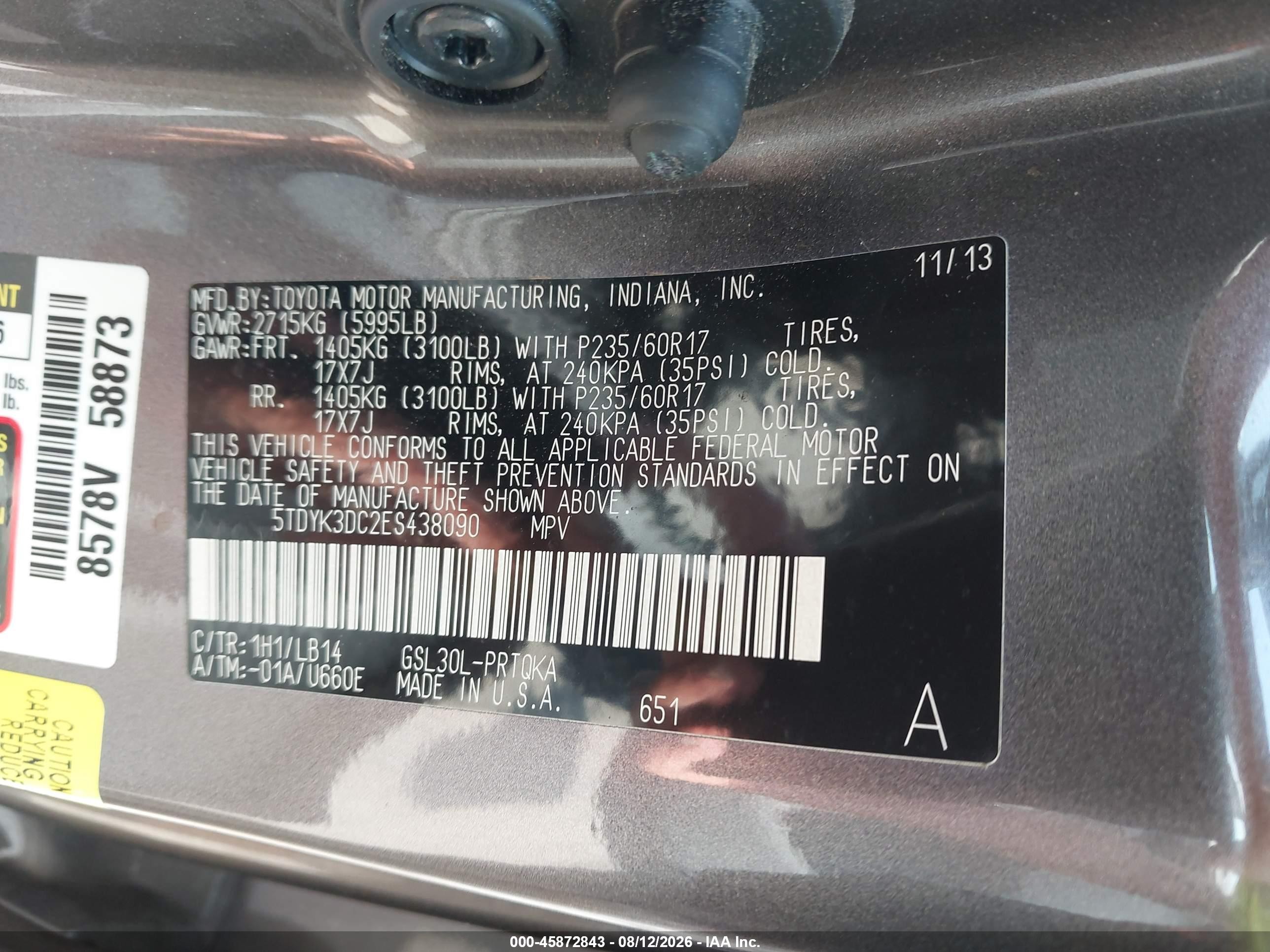 2014 Toyota Sienna Xle V6 8 Passenger Gray vin: 5TDYK3DC2ES438090