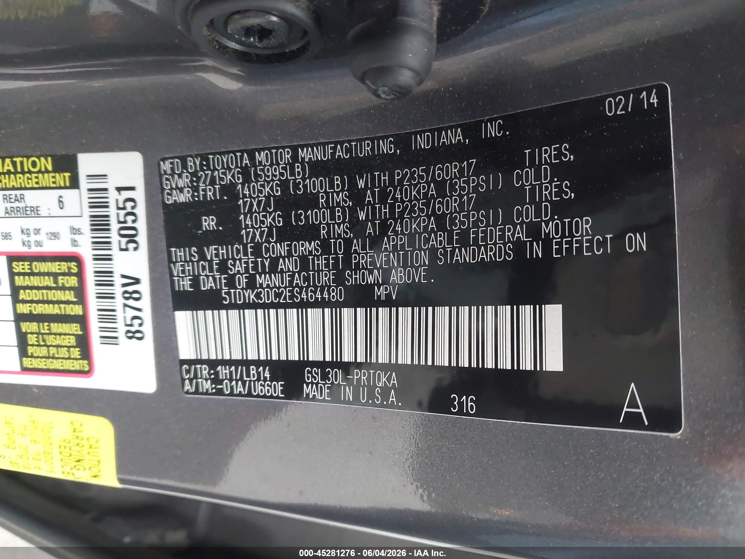 2014 Toyota Sienna Xle V6 8 Passenger Gray vin: 5TDYK3DC2ES464480
