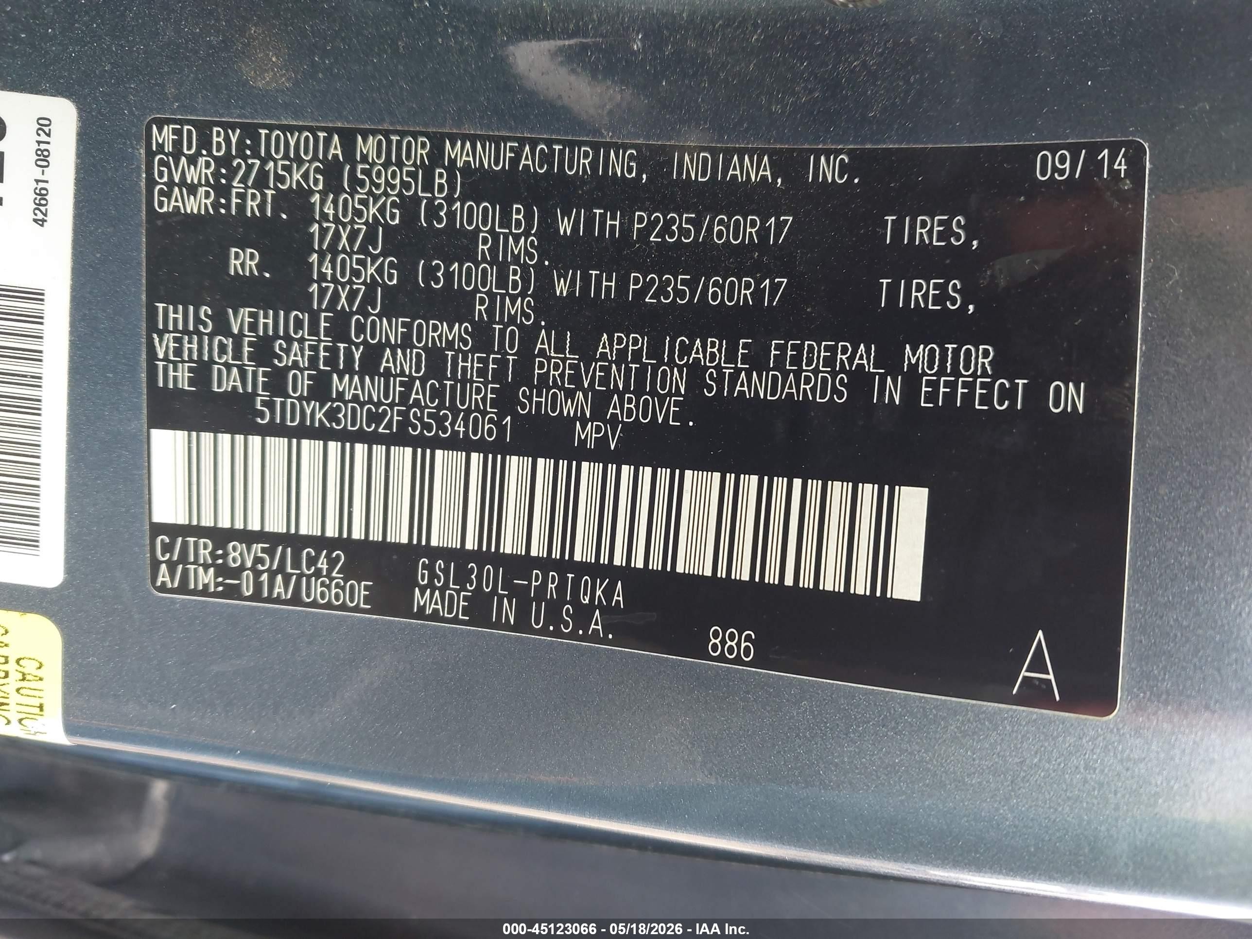 2015 Toyota Sienna Xle 8 Passenger Blue vin: 5TDYK3DC2FS534061
