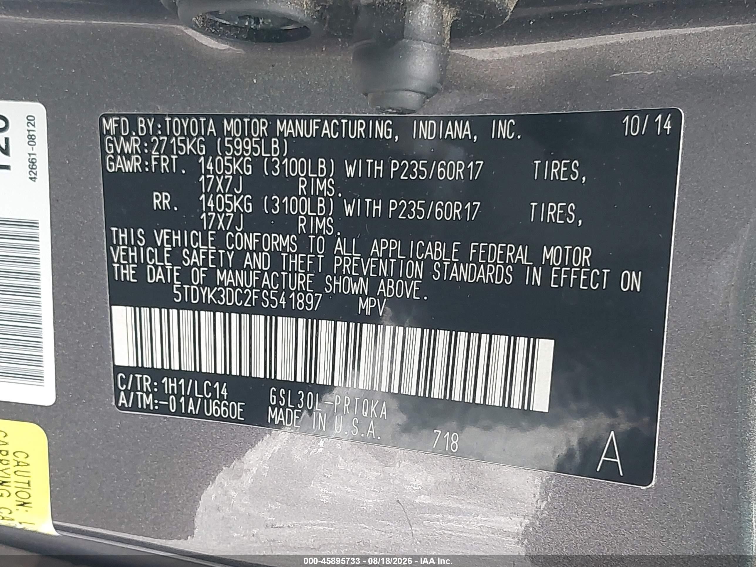 2015 Toyota Sienna Xle 8 Passenger Gray vin: 5TDYK3DC2FS541897