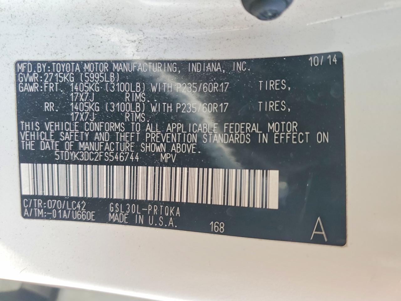 2015 Toyota Sienna Xle 8-passenger White vin: 5TDYK3DC2FS546744