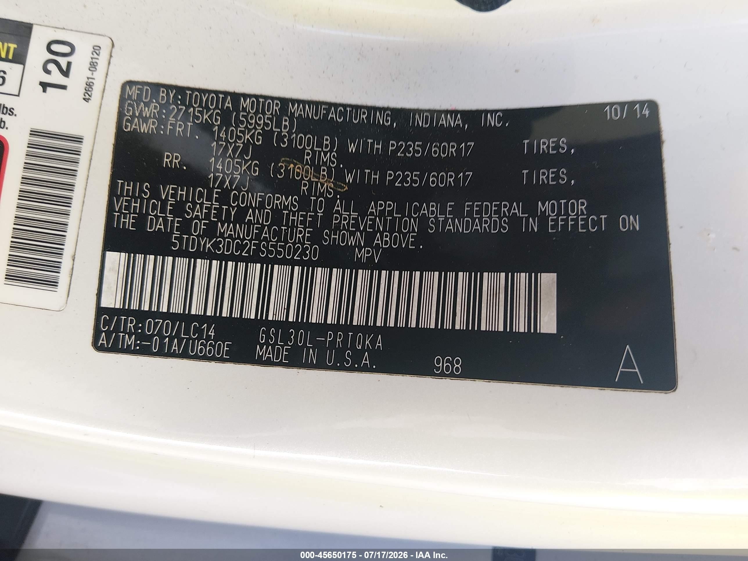 2015 Toyota Sienna Xle Premium 8 Passenger White vin: 5TDYK3DC2FS550230
