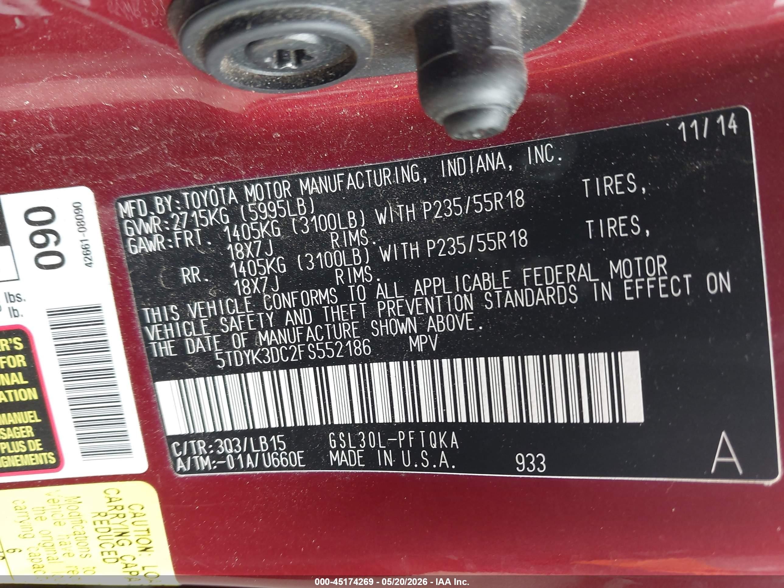 2015 Toyota Sienna Limited 7 Passenger Red vin: 5TDYK3DC2FS552186