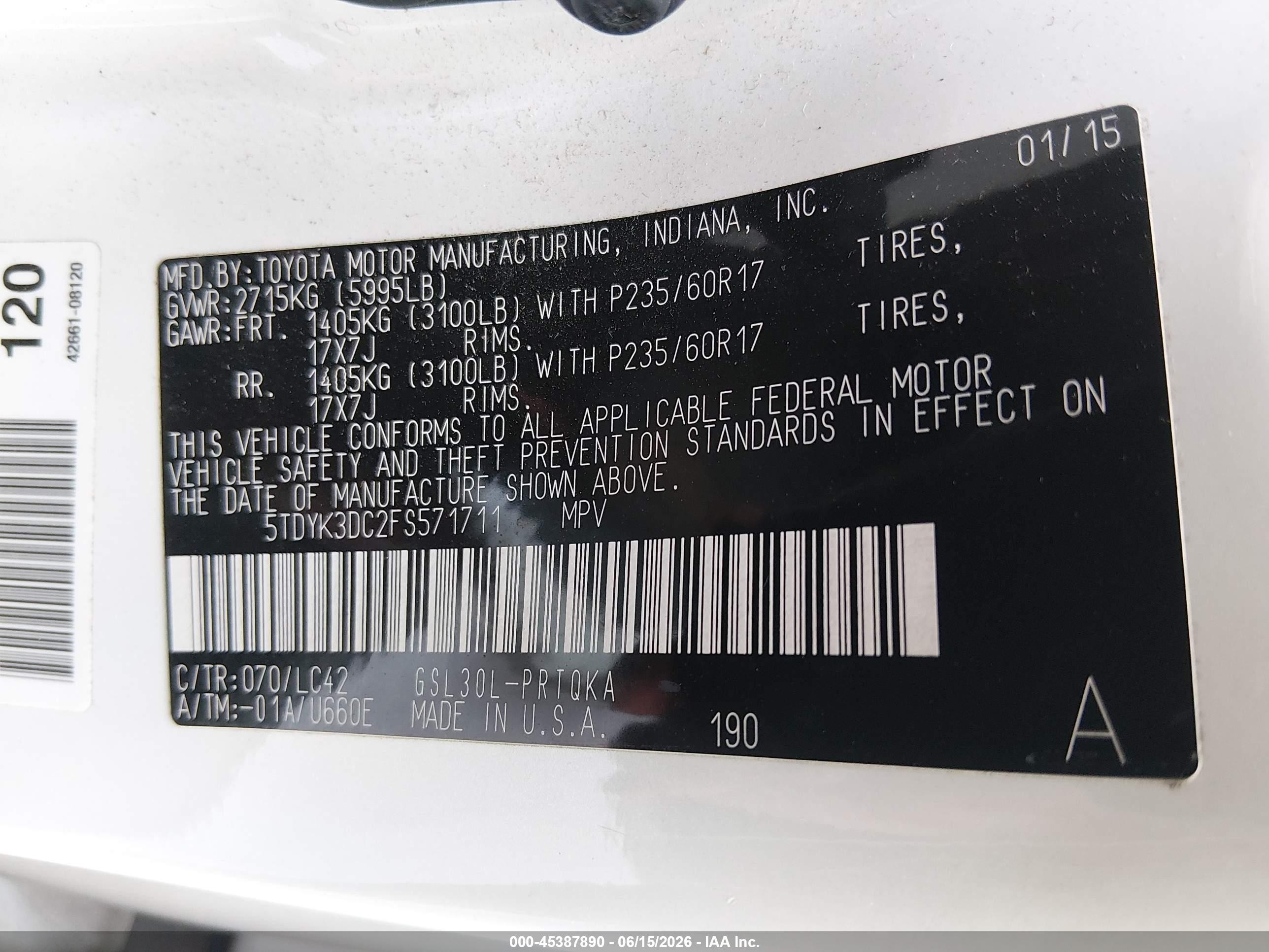 2015 Toyota Sienna Xle 8 Passenger White vin: 5TDYK3DC2FS571711