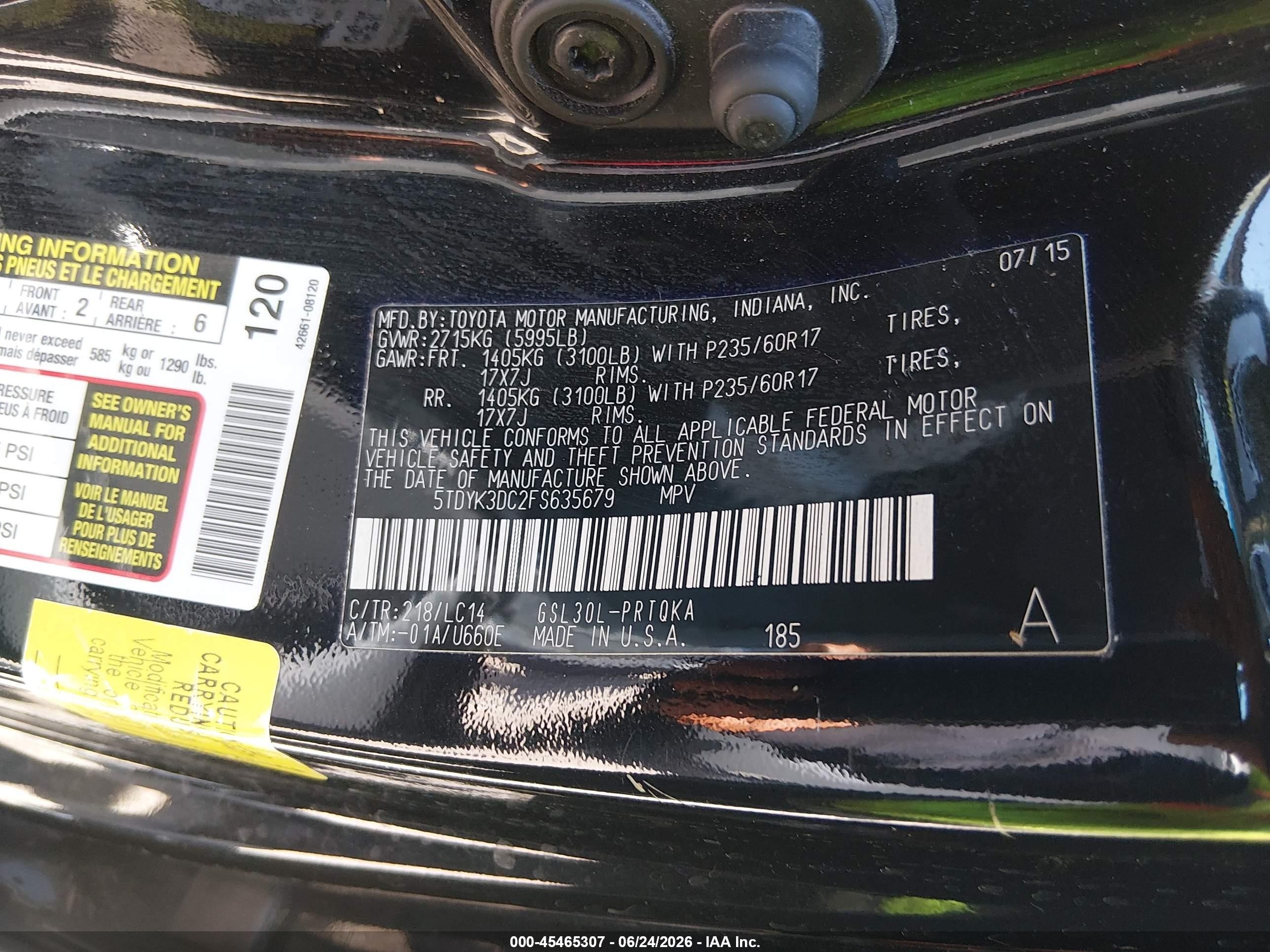 2015 Toyota Sienna Xle Premium 8 Passenger Black vin: 5TDYK3DC2FS635679