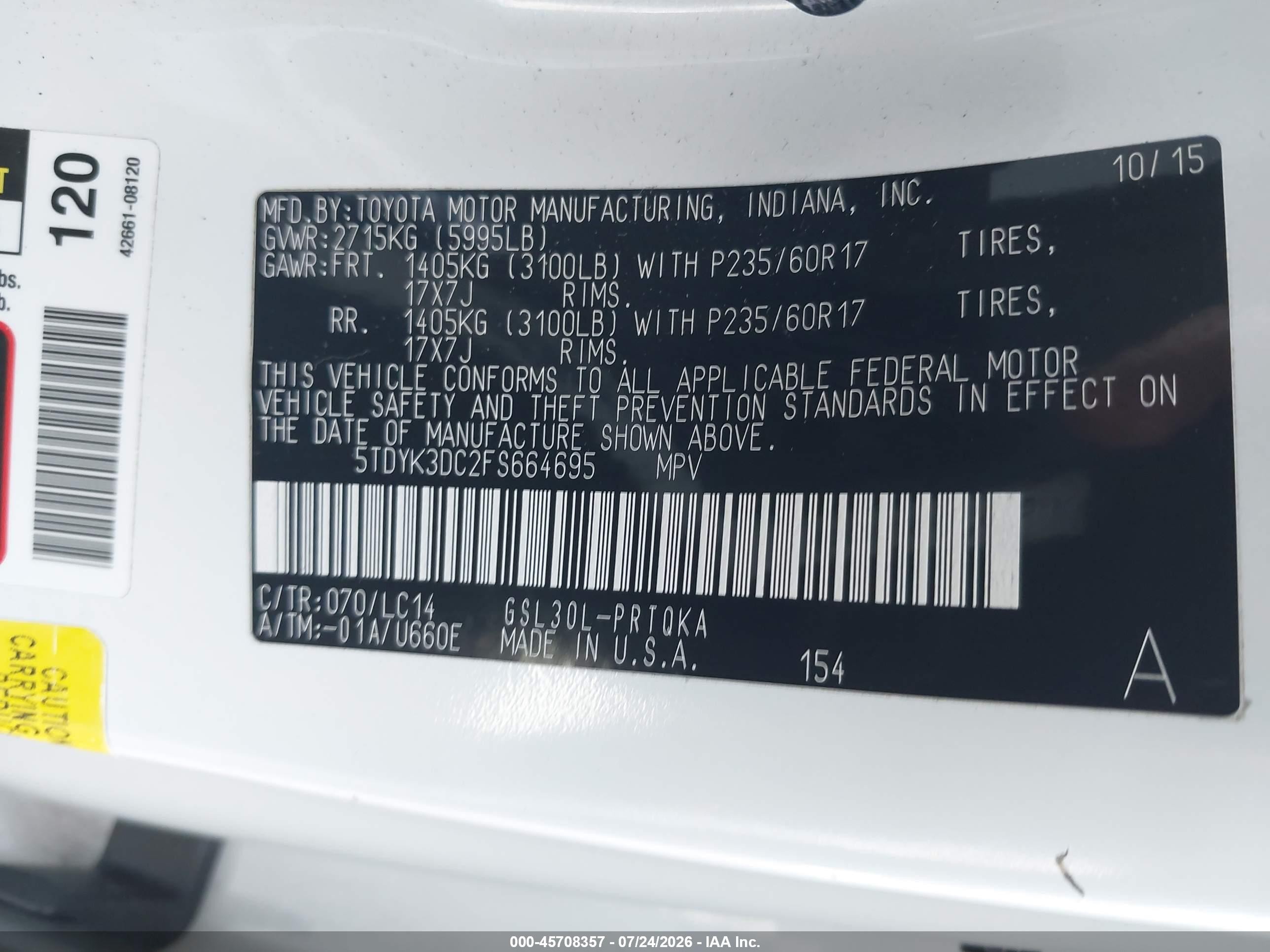 2015 Toyota Sienna Xle Premium 8 Passenger White vin: 5TDYK3DC2FS664695