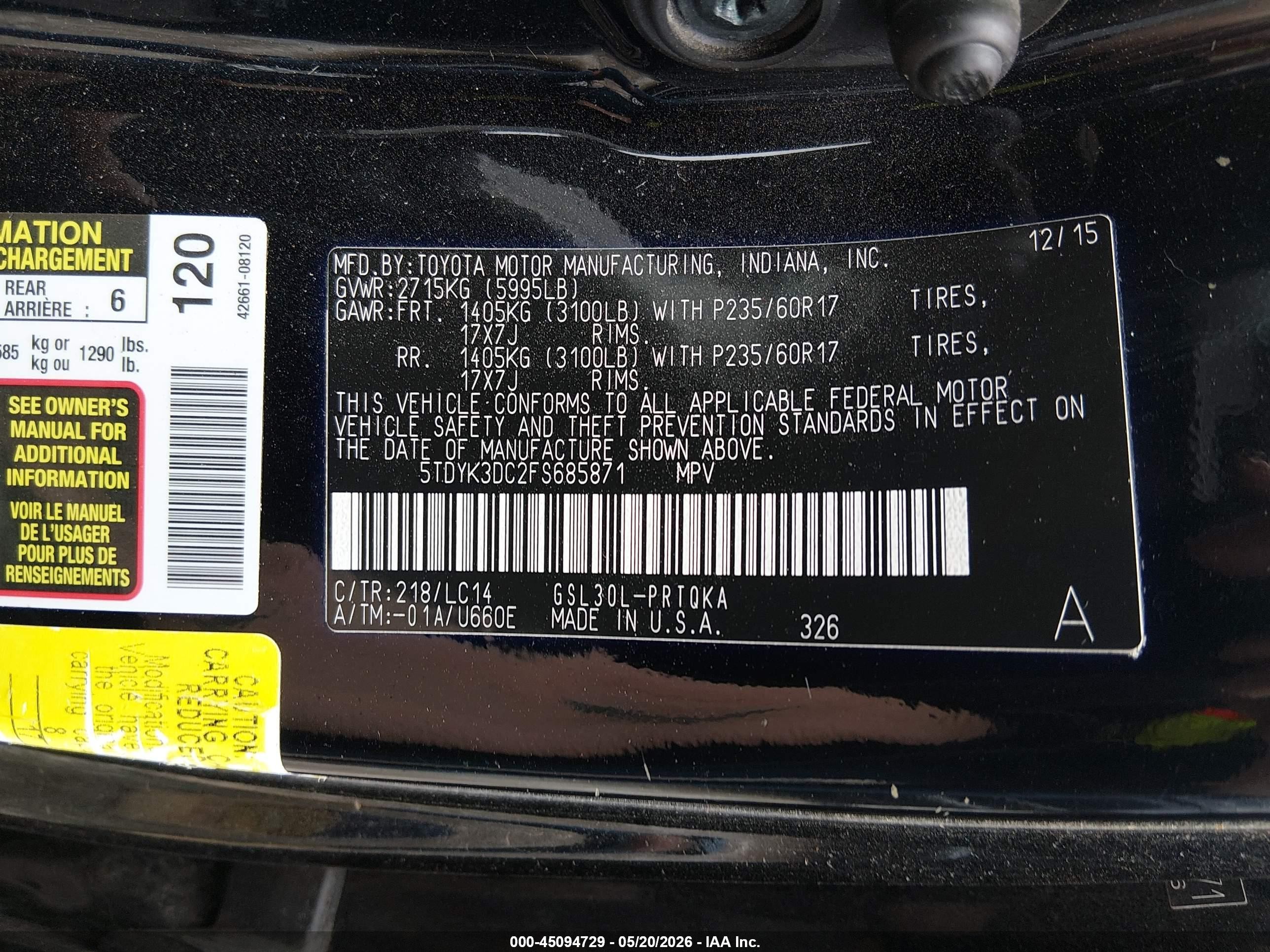 2015 Toyota Sienna Xle Premium 8 Passenger Black vin: 5TDYK3DC2FS685871