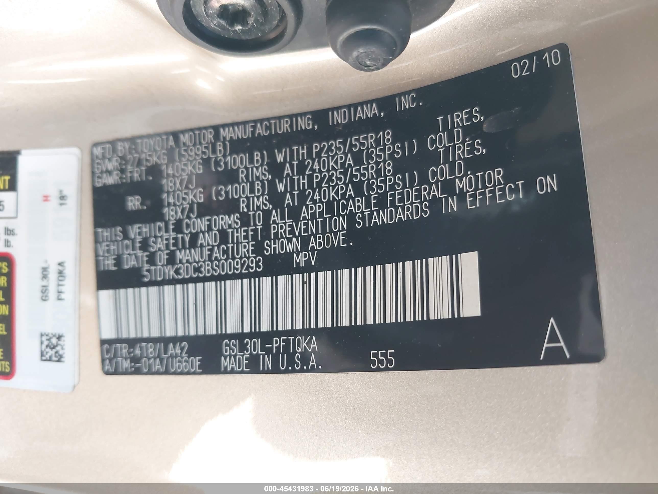 2011 Toyota Sienna Limited V6 Tan vin: 5TDYK3DC3BS009293
