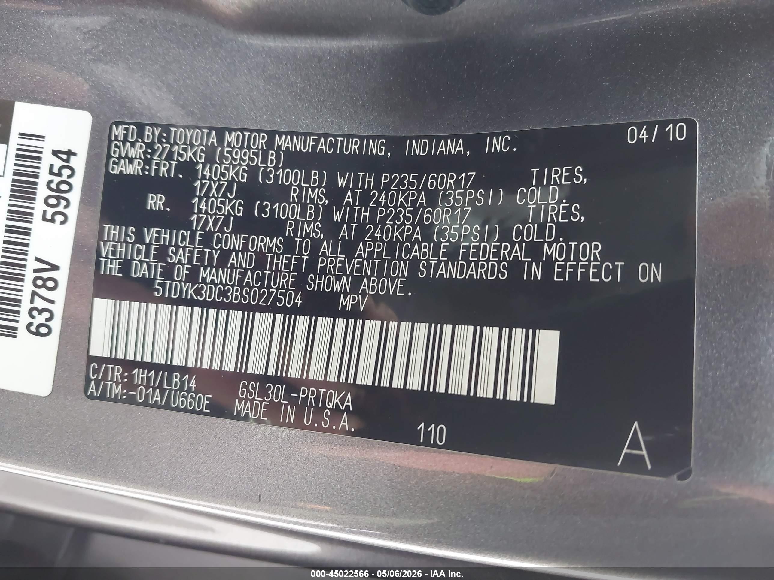 2011 Toyota Sienna Xle V6 Серый vin: 5TDYK3DC3BS027504