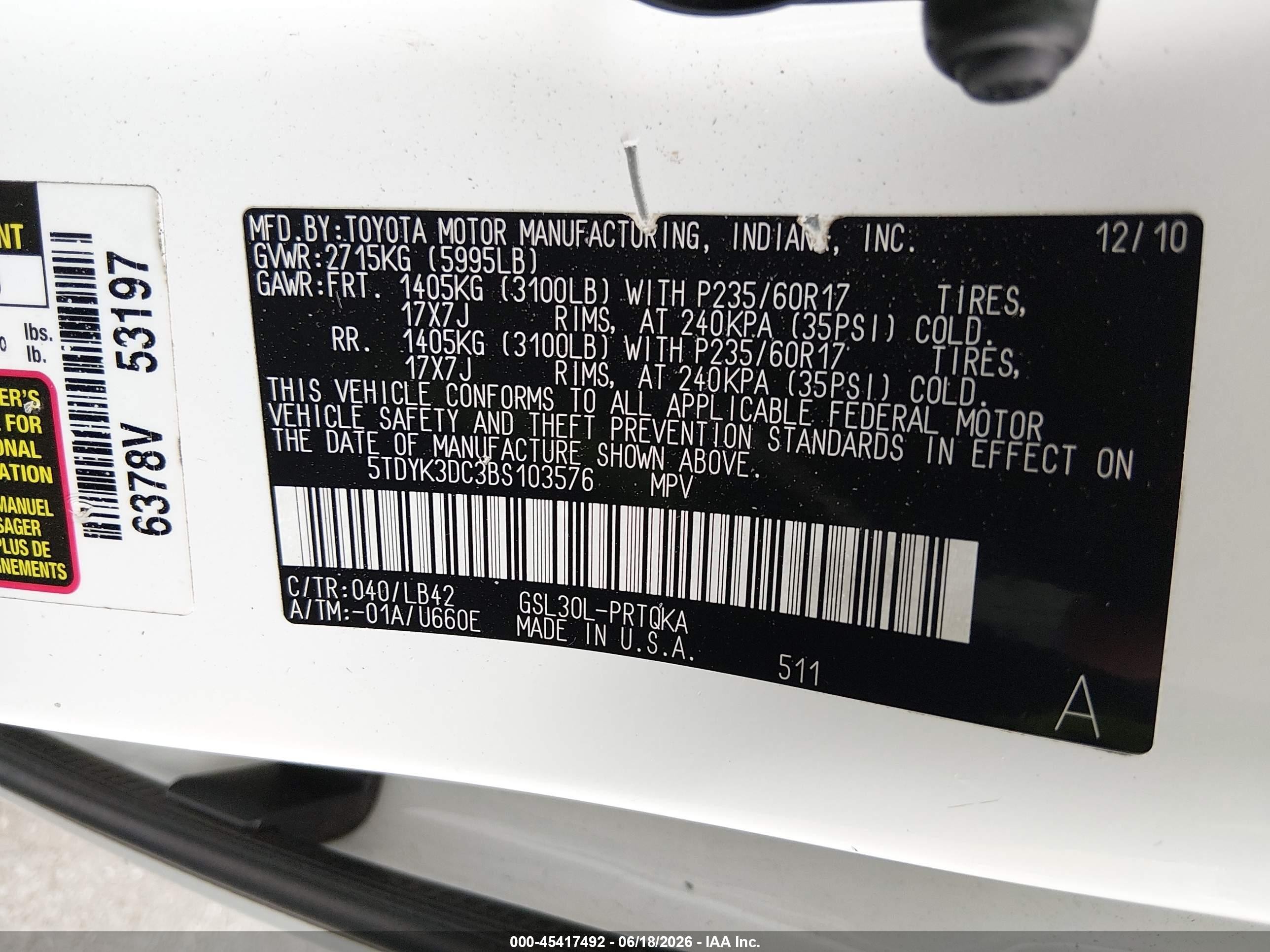 2011 Toyota Sienna Xle V6 White vin: 5TDYK3DC3BS103576