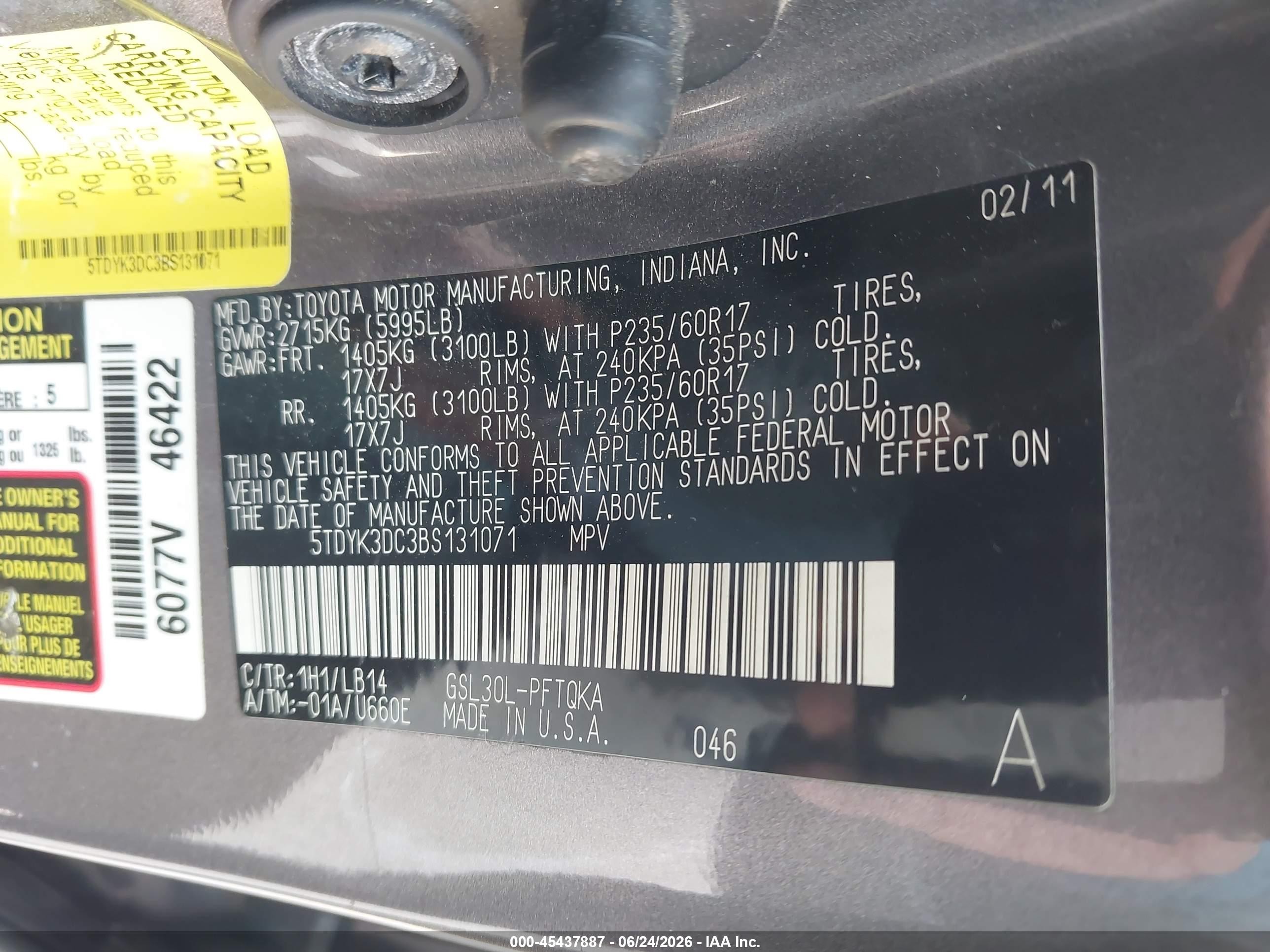 2011 Toyota Sienna Xle V6 Auto Access Seat Gray vin: 5TDYK3DC3BS131071