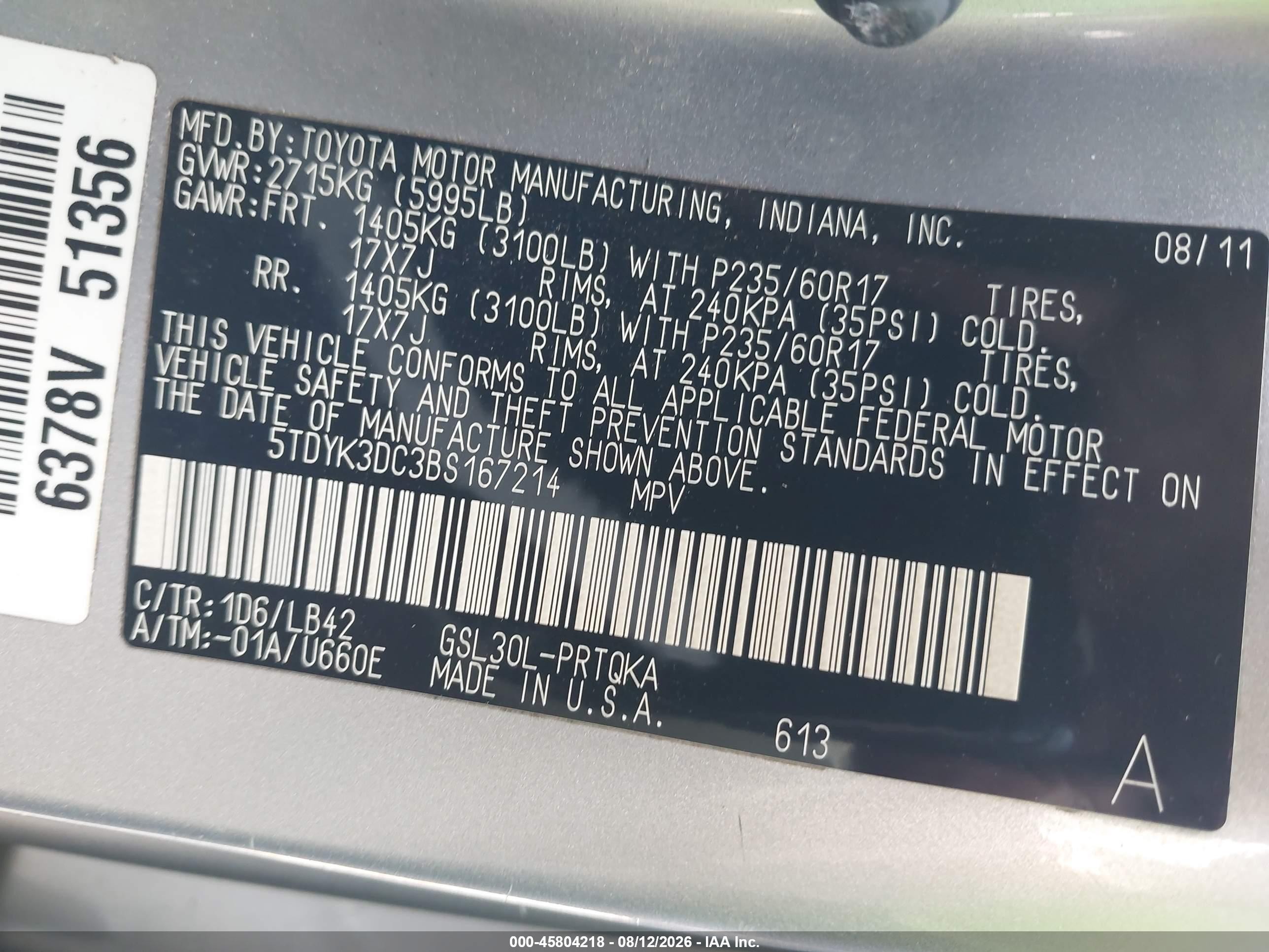 2011 Toyota Sienna Xle V6 Silver vin: 5TDYK3DC3BS167214