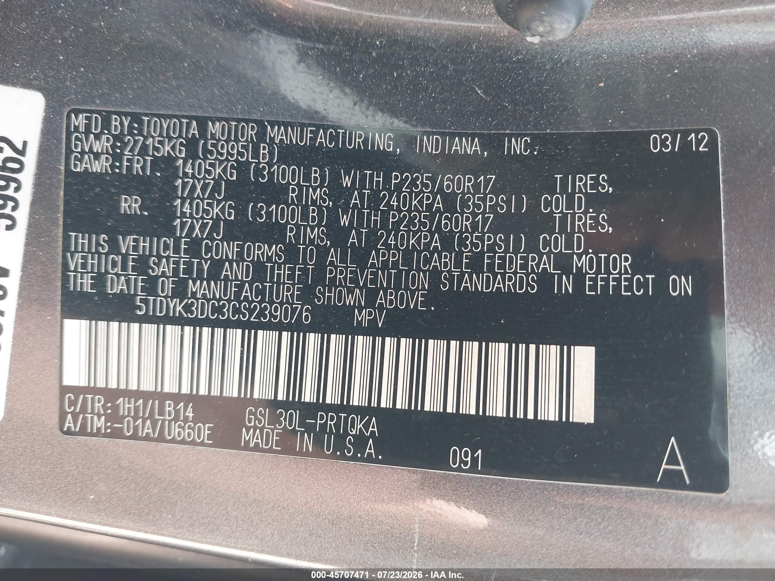 2012 Toyota Sienna Xle V6 8 Passenger Gray vin: 5TDYK3DC3CS239076