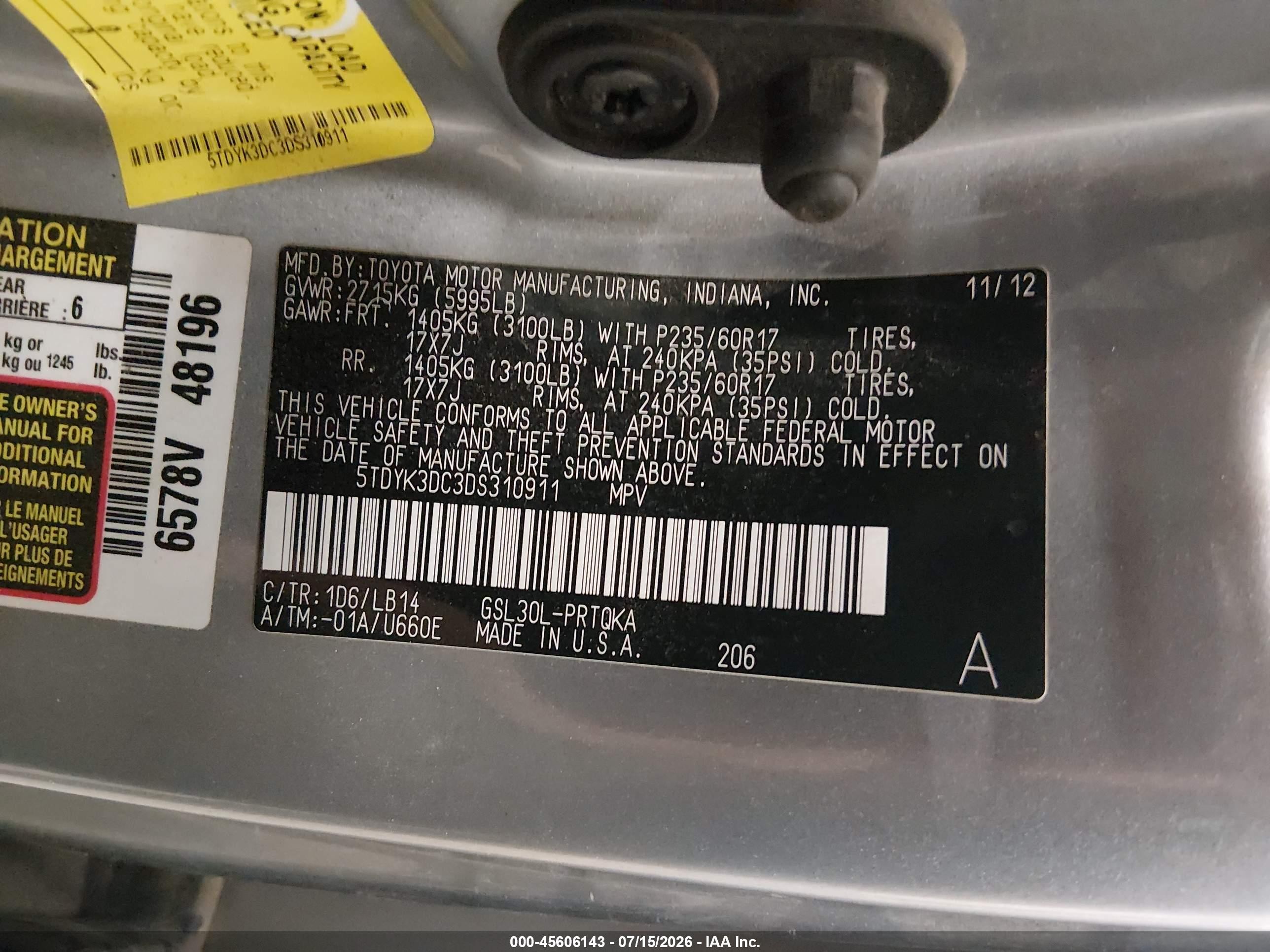 2013 Toyota Sienna Xle V6 8 Passenger Серебряный vin: 5TDYK3DC3DS310911