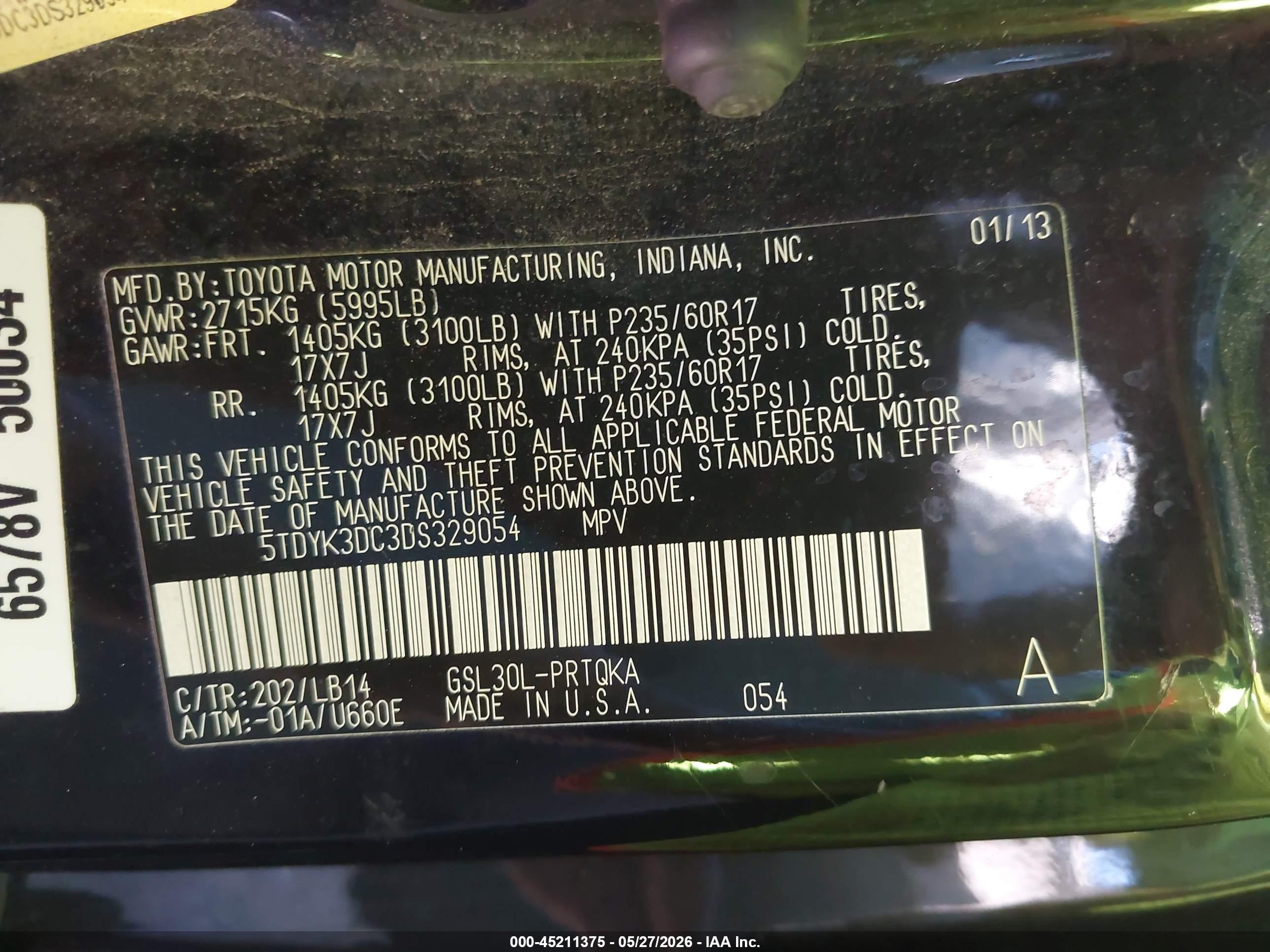 2013 Toyota Sienna Xle V6 8 Passenger Black vin: 5TDYK3DC3DS329054