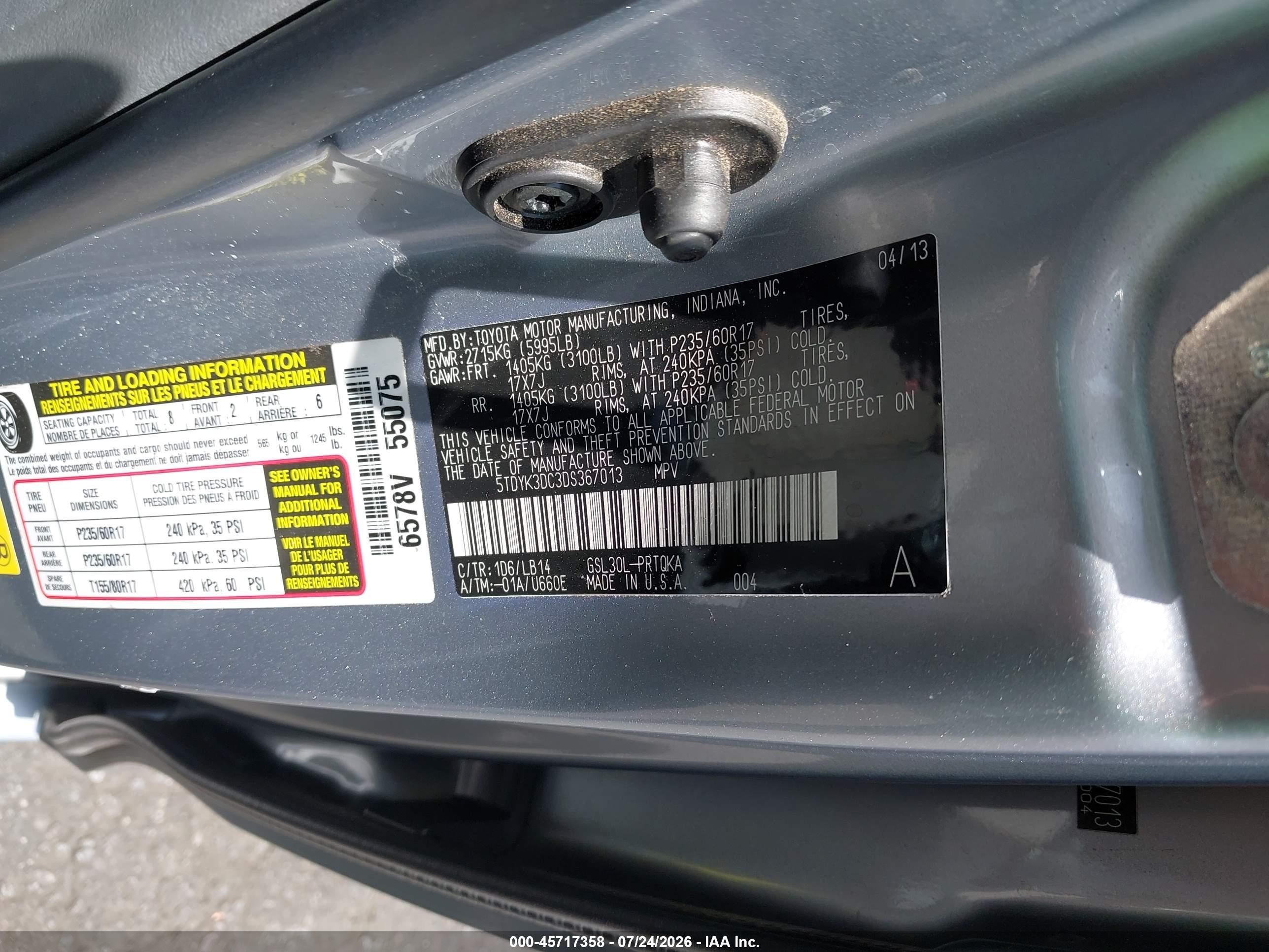 2013 Toyota Sienna Xle V6 8 Passenger Silver vin: 5TDYK3DC3DS367013