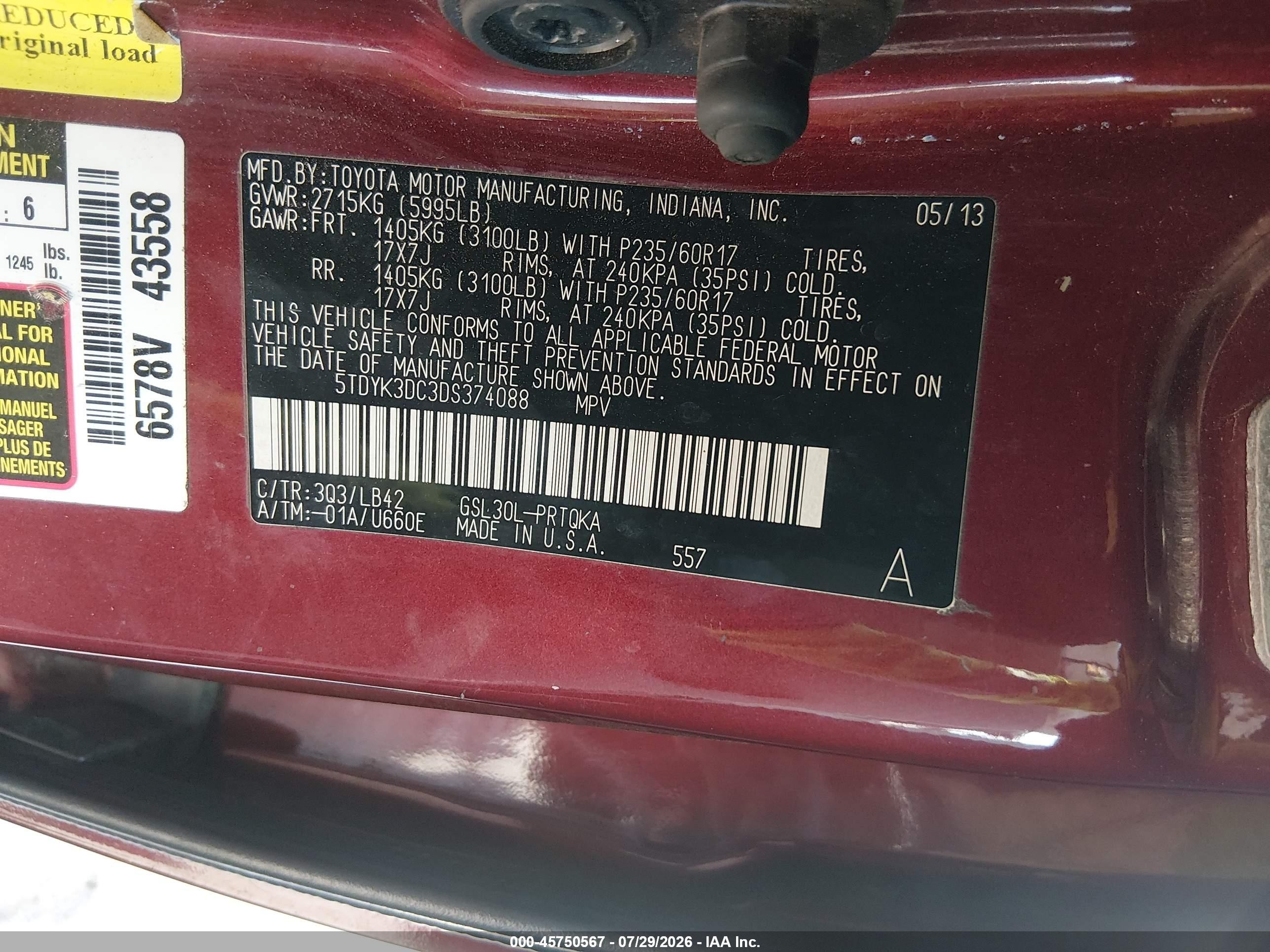 2013 Toyota Sienna Xle V6 8 Passenger Red vin: 5TDYK3DC3DS374088