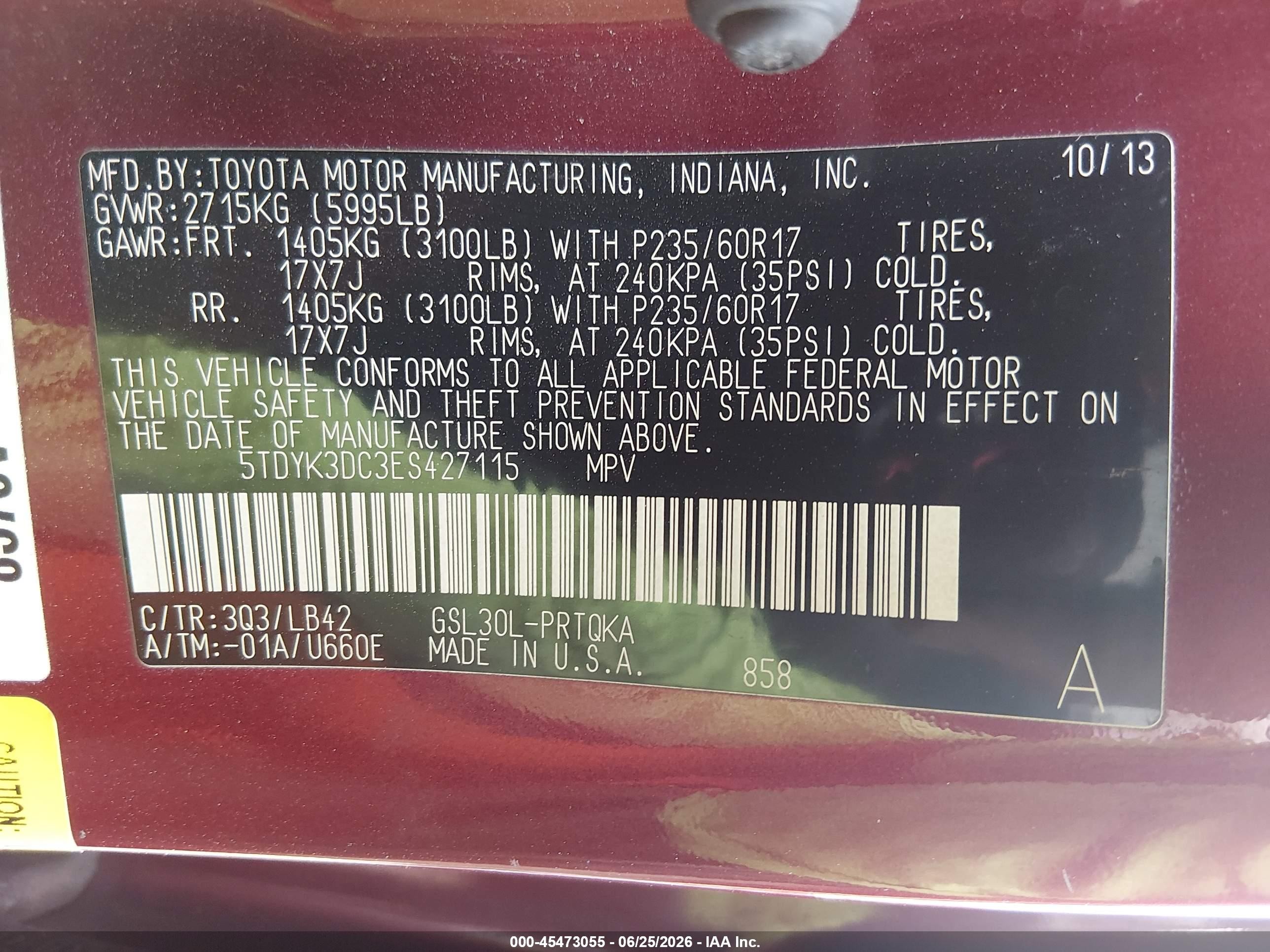 2014 Toyota Sienna Xle V6 8 Passenger Burgundy vin: 5TDYK3DC3ES427115