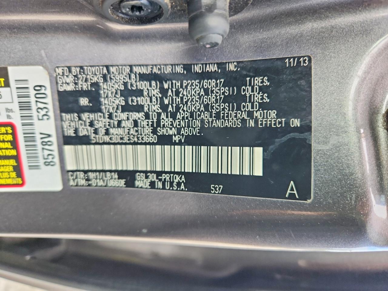 2014 Toyota Sienna Серый vin: 5TDYK3DC3ES433660