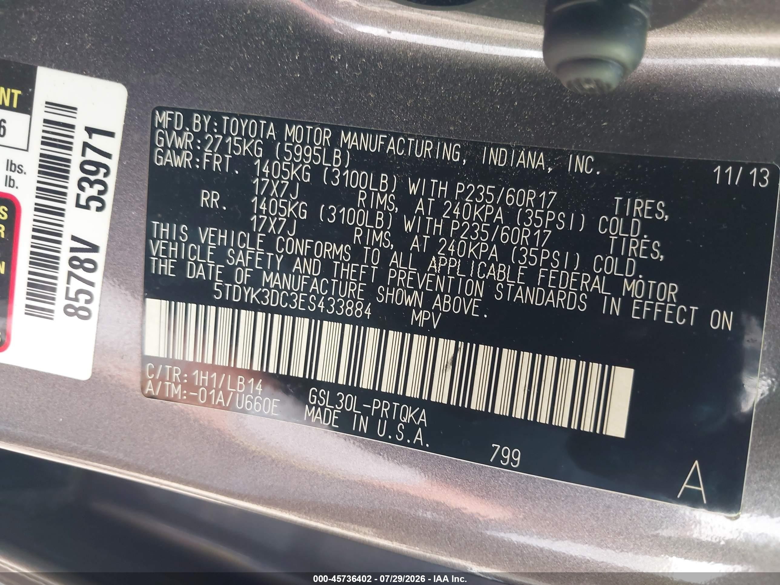 2014 Toyota Sienna Xle V6 8 Passenger Серый vin: 5TDYK3DC3ES433884