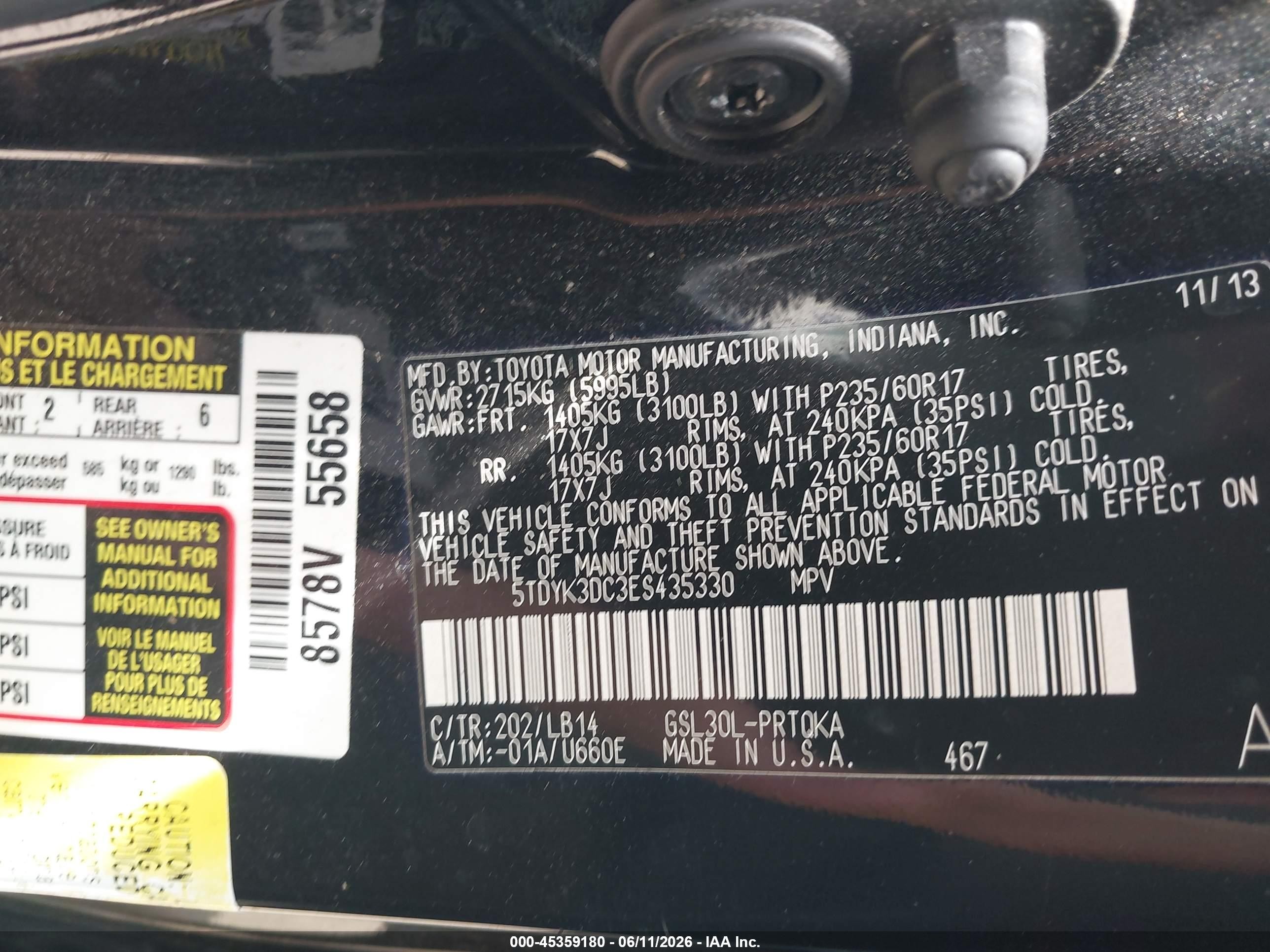 2014 Toyota Sienna Xle V6 8 Passenger Black vin: 5TDYK3DC3ES435330