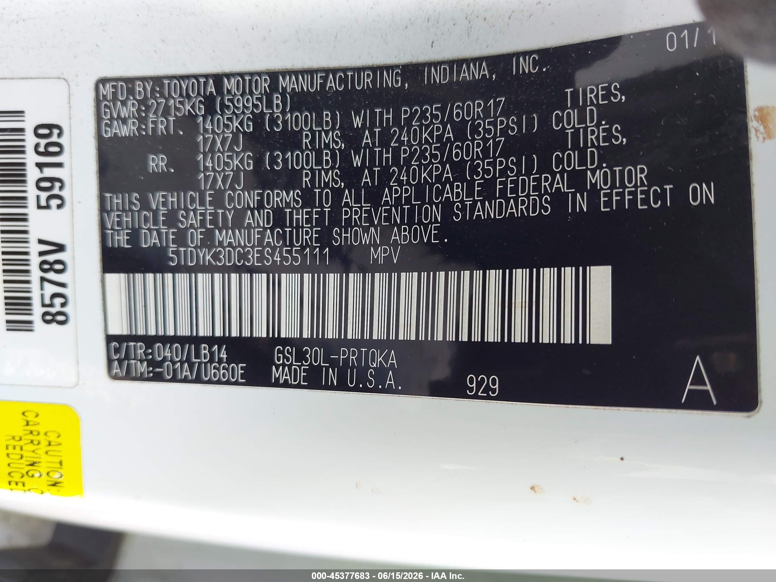 2014 Toyota Sienna Xle V6 8 Passenger Белый vin: 5TDYK3DC3ES455111