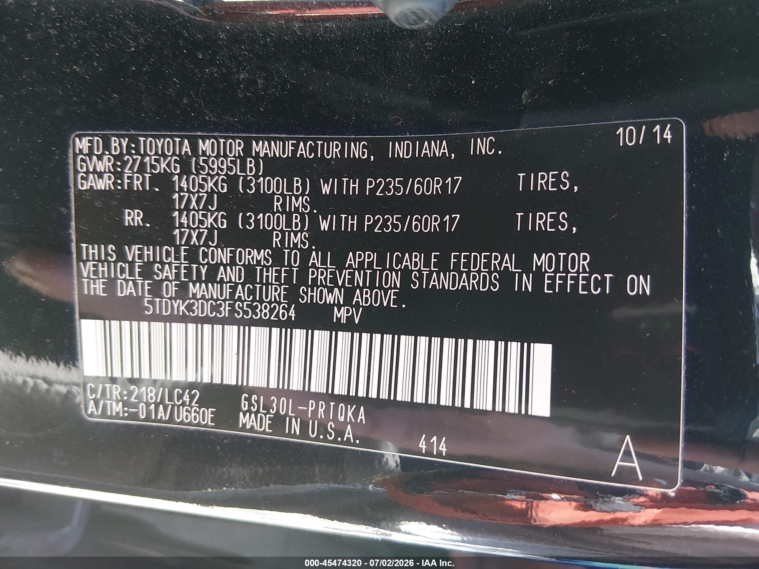 2015 Toyota Sienna Xle 8 Passenger Black vin: 5TDYK3DC3FS538264