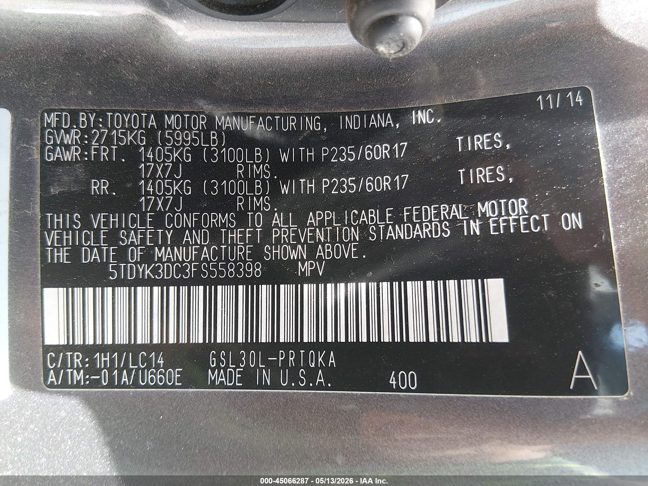 2015 Toyota Sienna Xle 8 Passenger Gray vin: 5TDYK3DC3FS558398