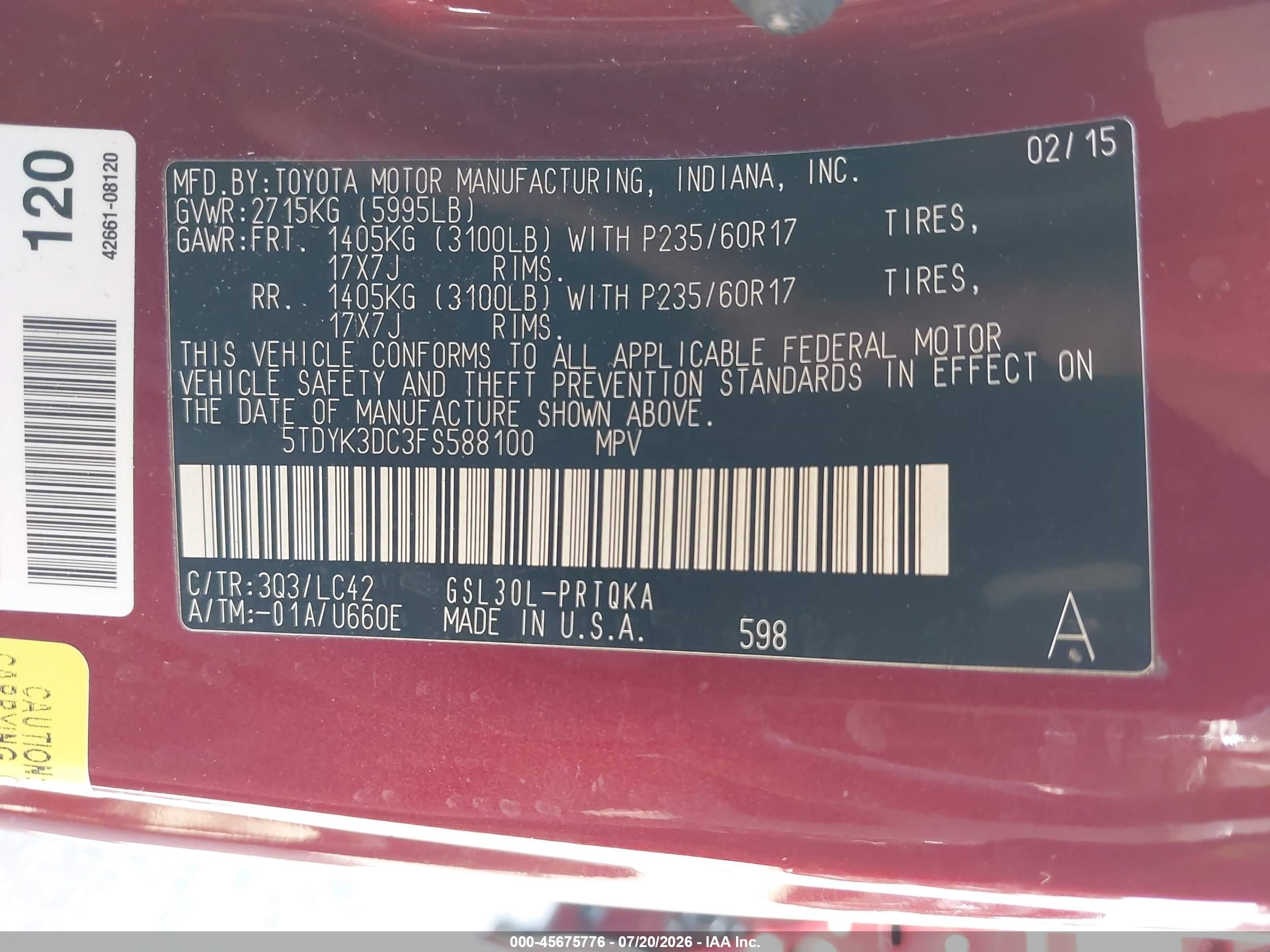2015 Toyota Sienna Xle 8 Passenger Burgundy vin: 5TDYK3DC3FS588100