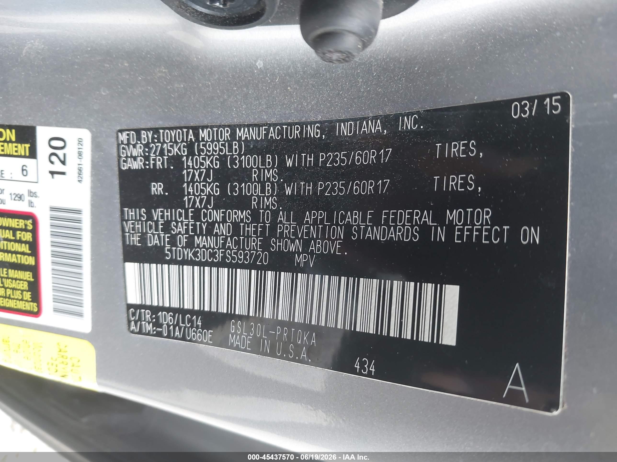 2015 Toyota Sienna Xle 8 Passenger Серебряный vin: 5TDYK3DC3FS593720