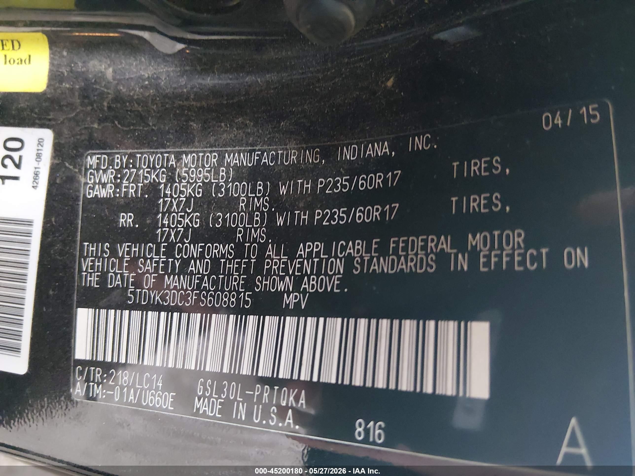 2015 Toyota Sienna Xle 8 Passenger Black vin: 5TDYK3DC3FS608815