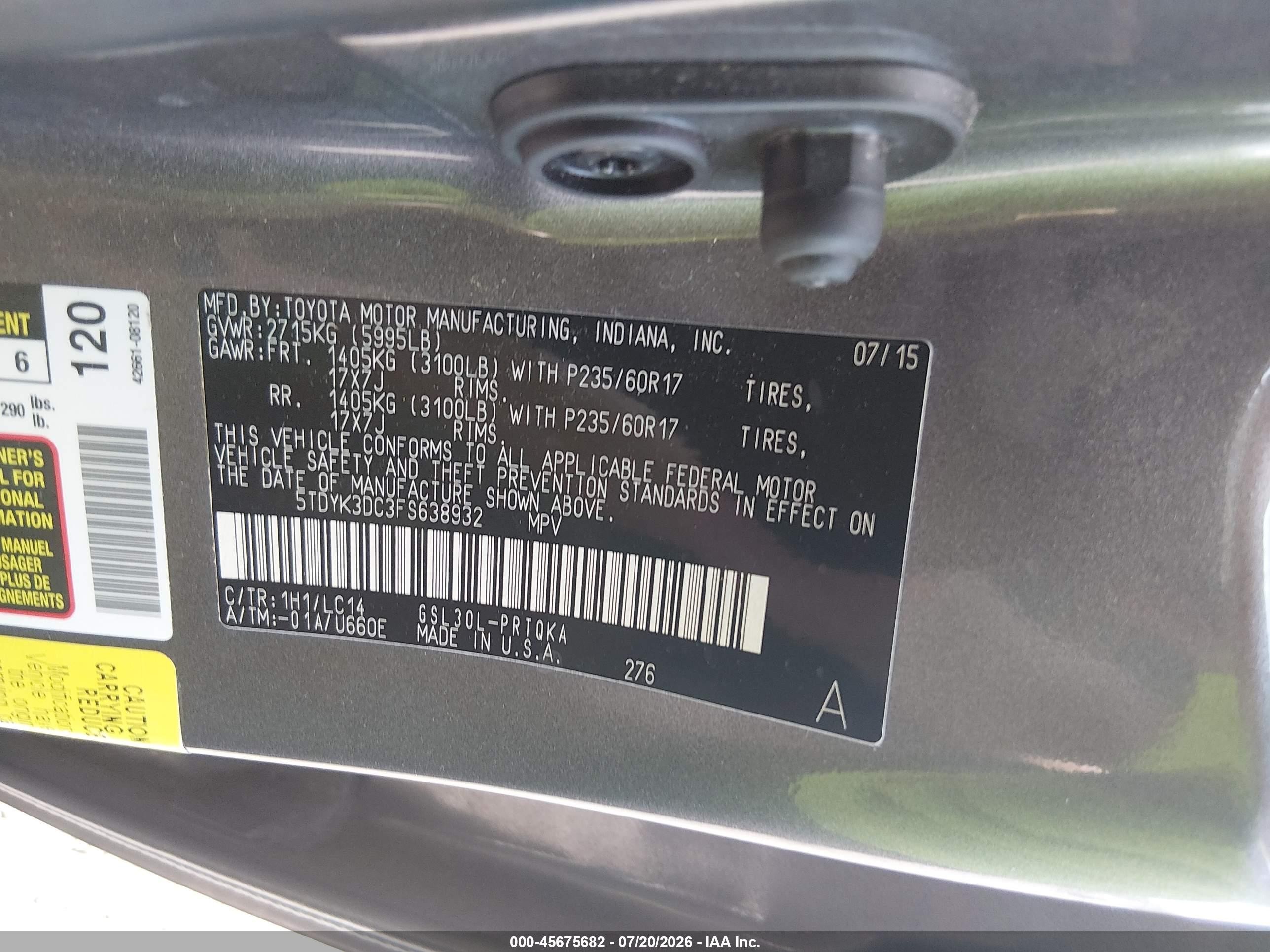 2015 Toyota Sienna Xle Premium 8 Passenger Gray vin: 5TDYK3DC3FS638932