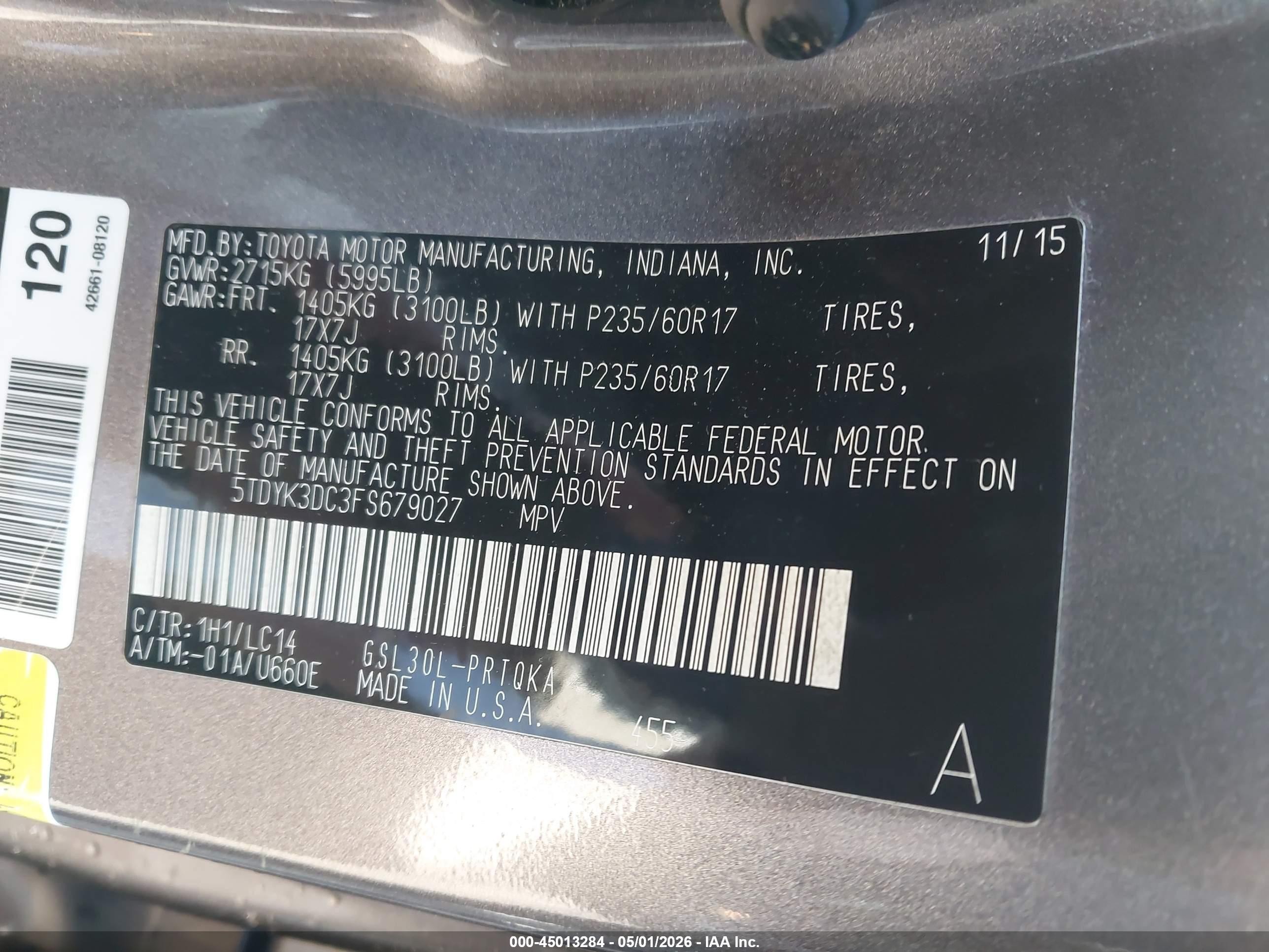 2015 Toyota Sienna Xle 8 Passenger Gray vin: 5TDYK3DC3FS679027