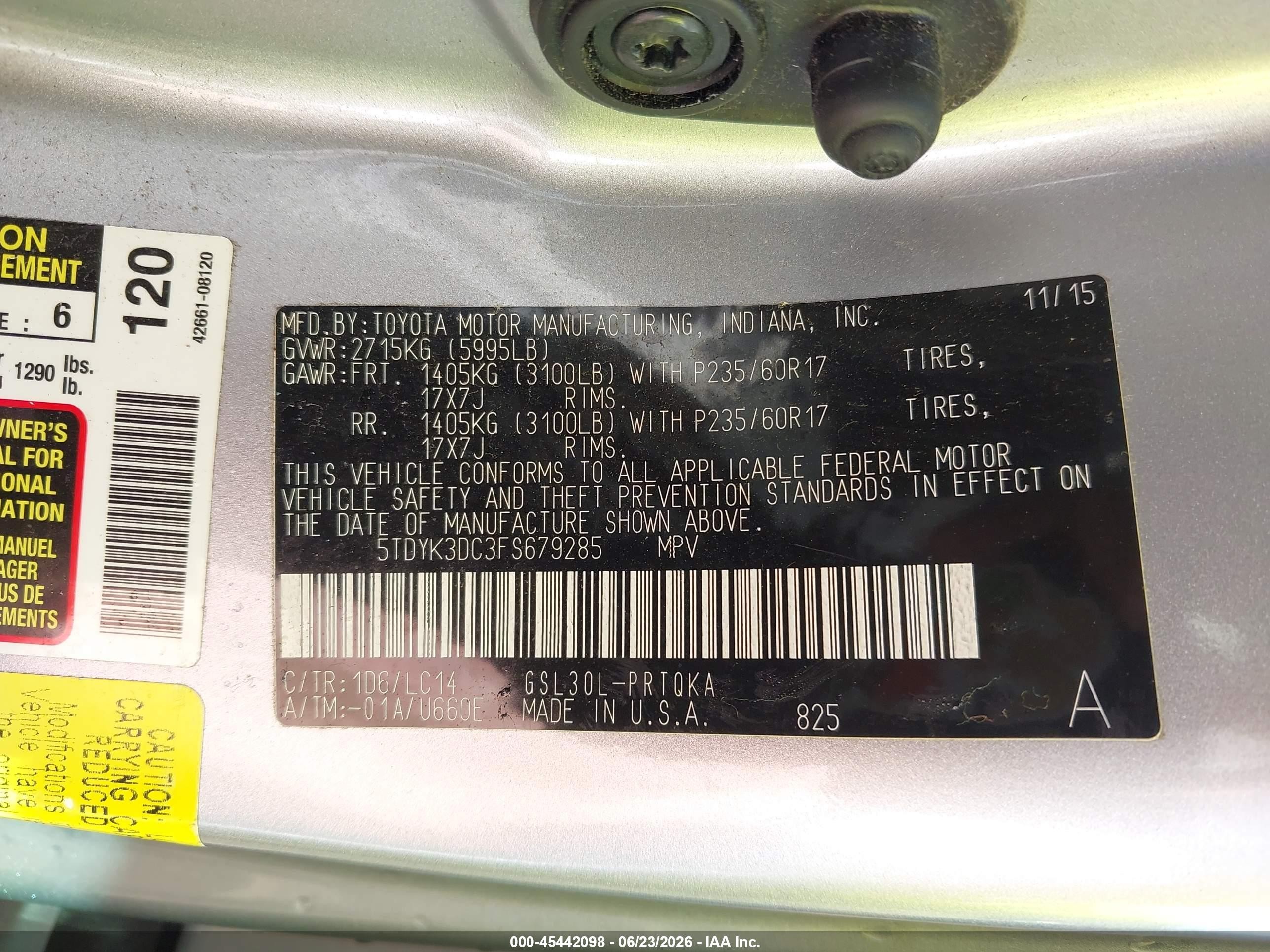 2015 Toyota Sienna Xle Premium 8 Passenger Silver vin: 5TDYK3DC3FS679285