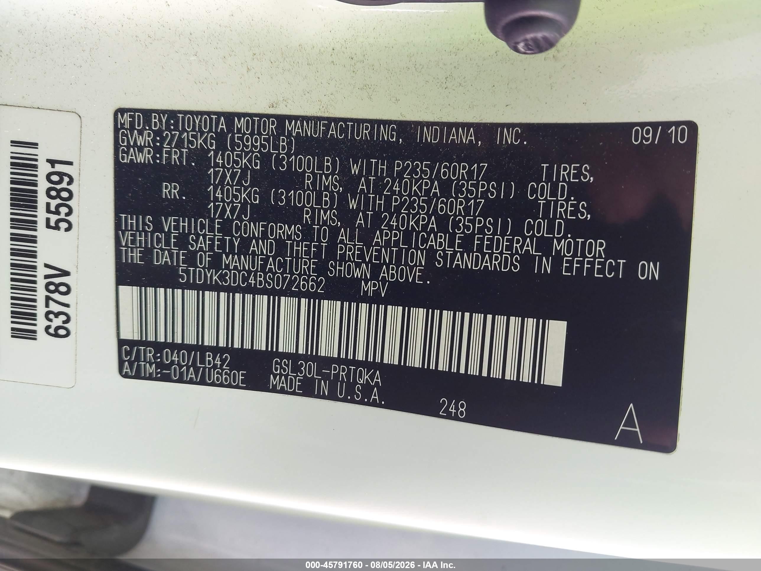 2011 Toyota Sienna Xle V6 Белый vin: 5TDYK3DC4BS072662