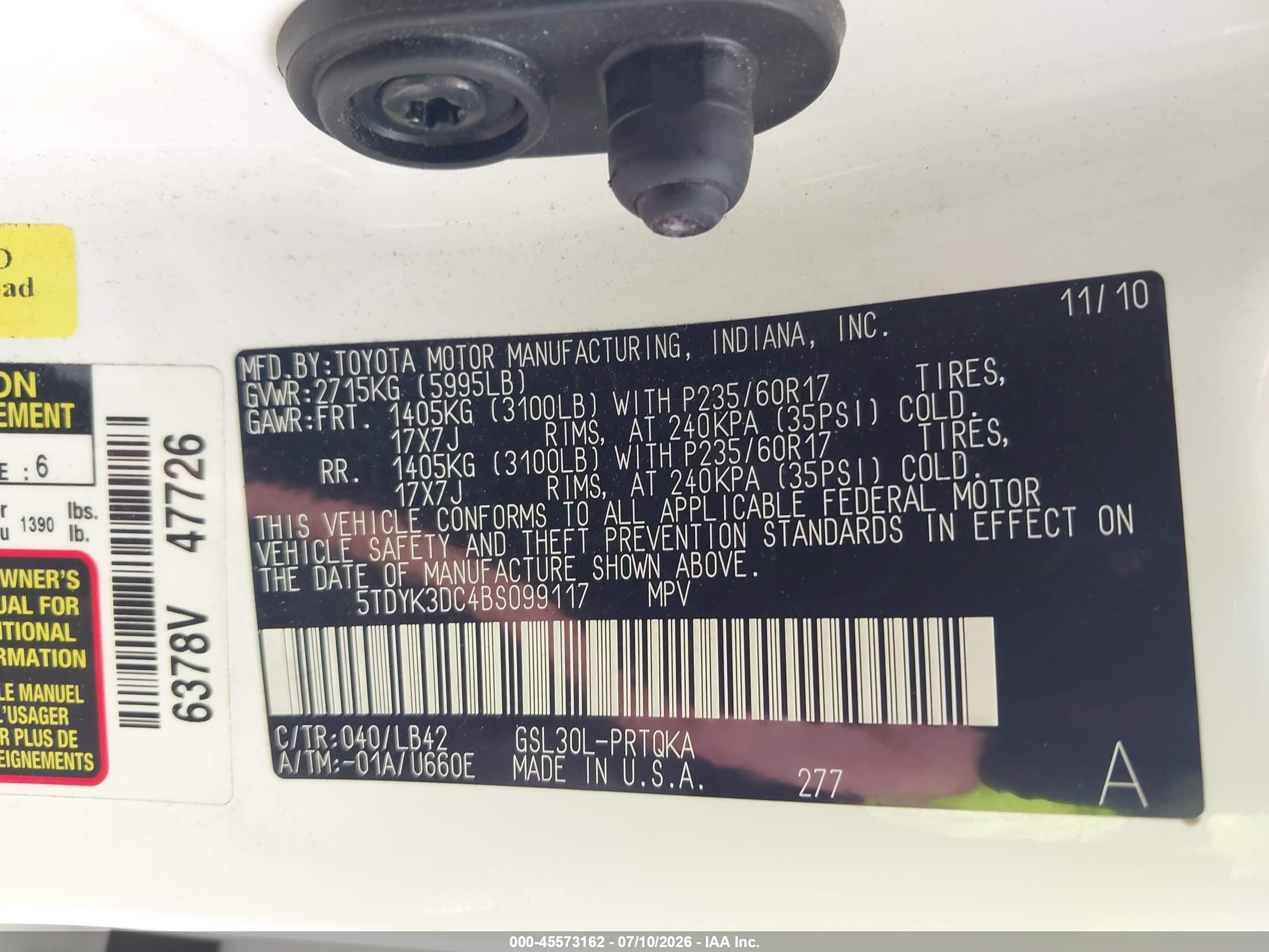 2011 Toyota Sienna Xle V6 White vin: 5TDYK3DC4BS099117