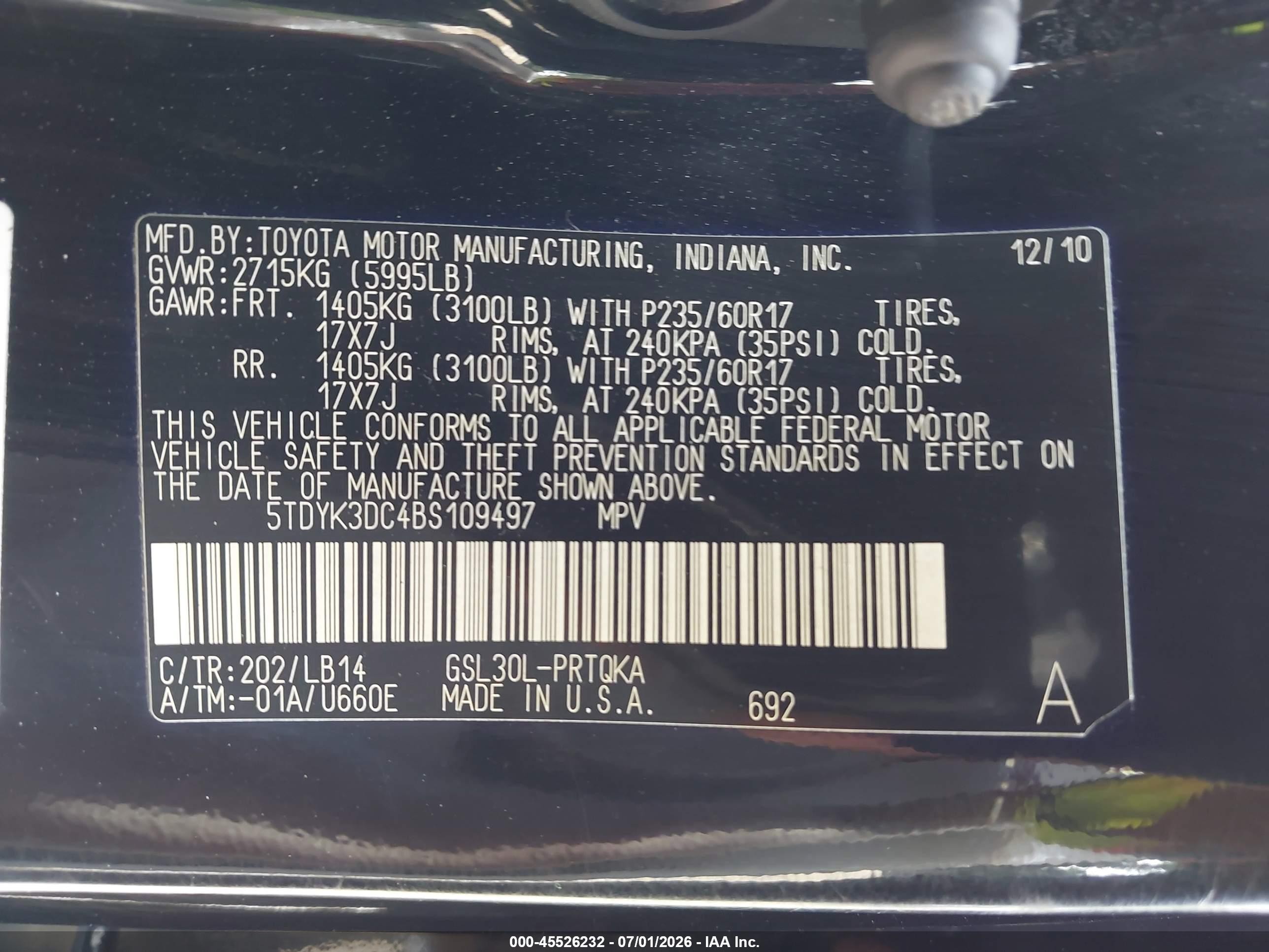 2011 Toyota Sienna Xle V6 Черный vin: 5TDYK3DC4BS109497