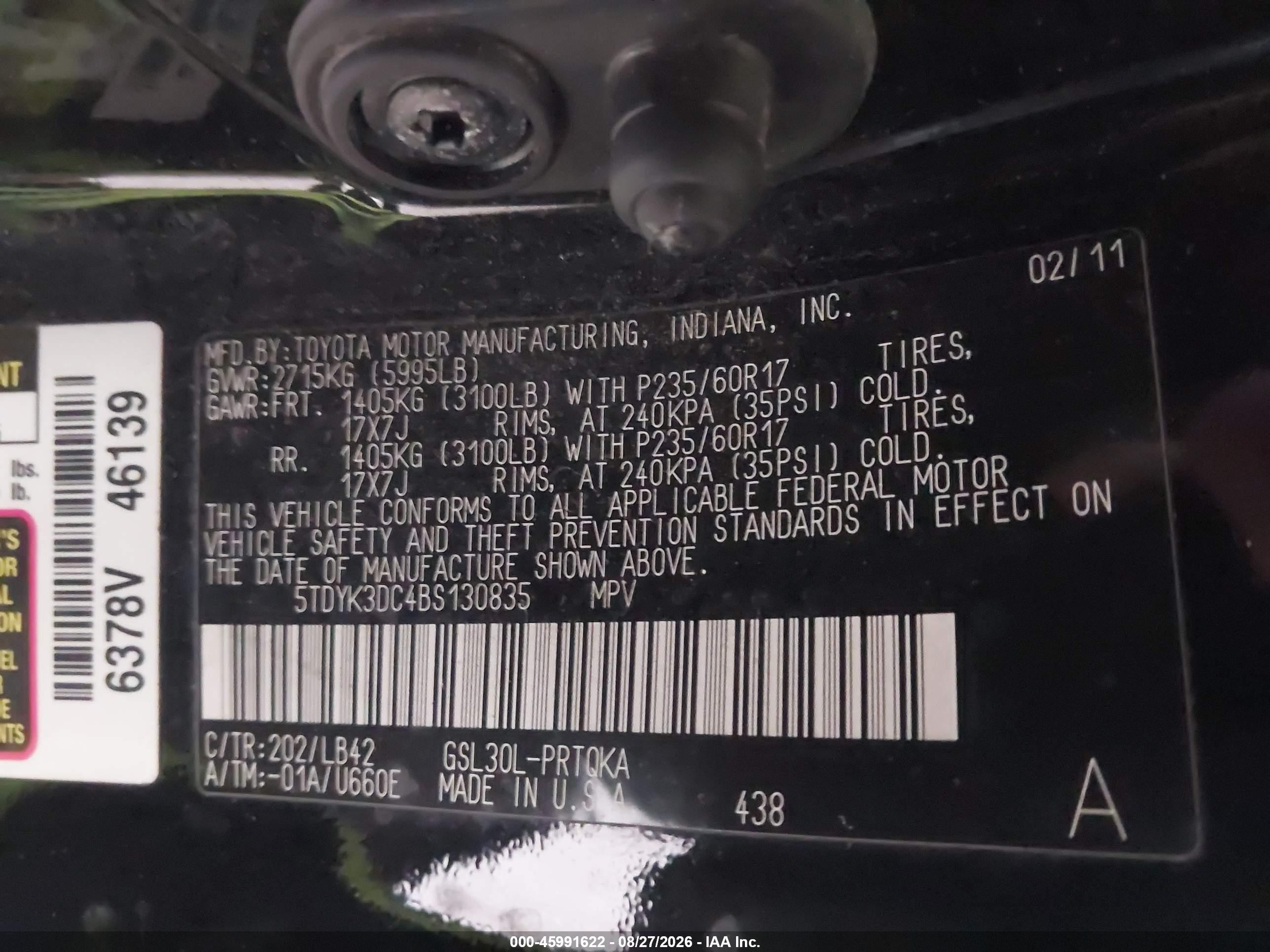 2011 Toyota Sienna Xle V6 Black vin: 5TDYK3DC4BS130835
