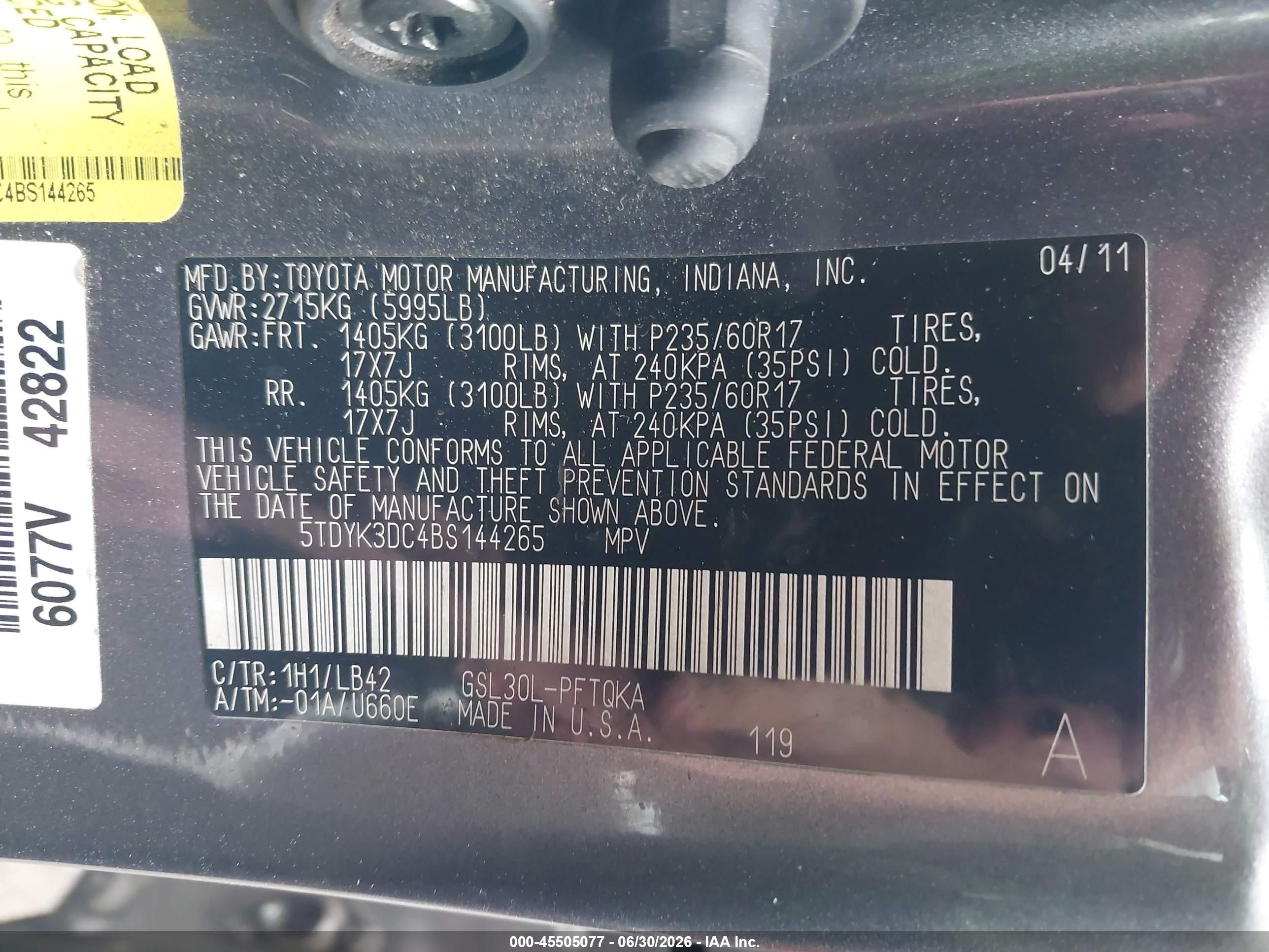 2011 Toyota Sienna Xle V6 Auto Access Seat Gray vin: 5TDYK3DC4BS144265