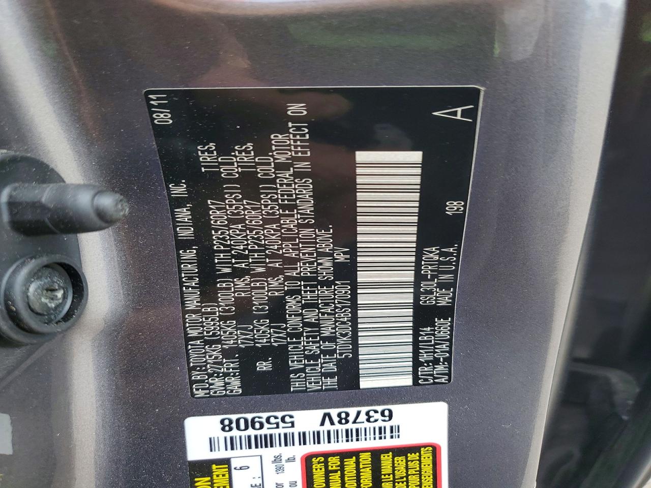 2011 Toyota Sienna Xle 8-passenger Угольный vin: 5TDYK3DC4BS170901