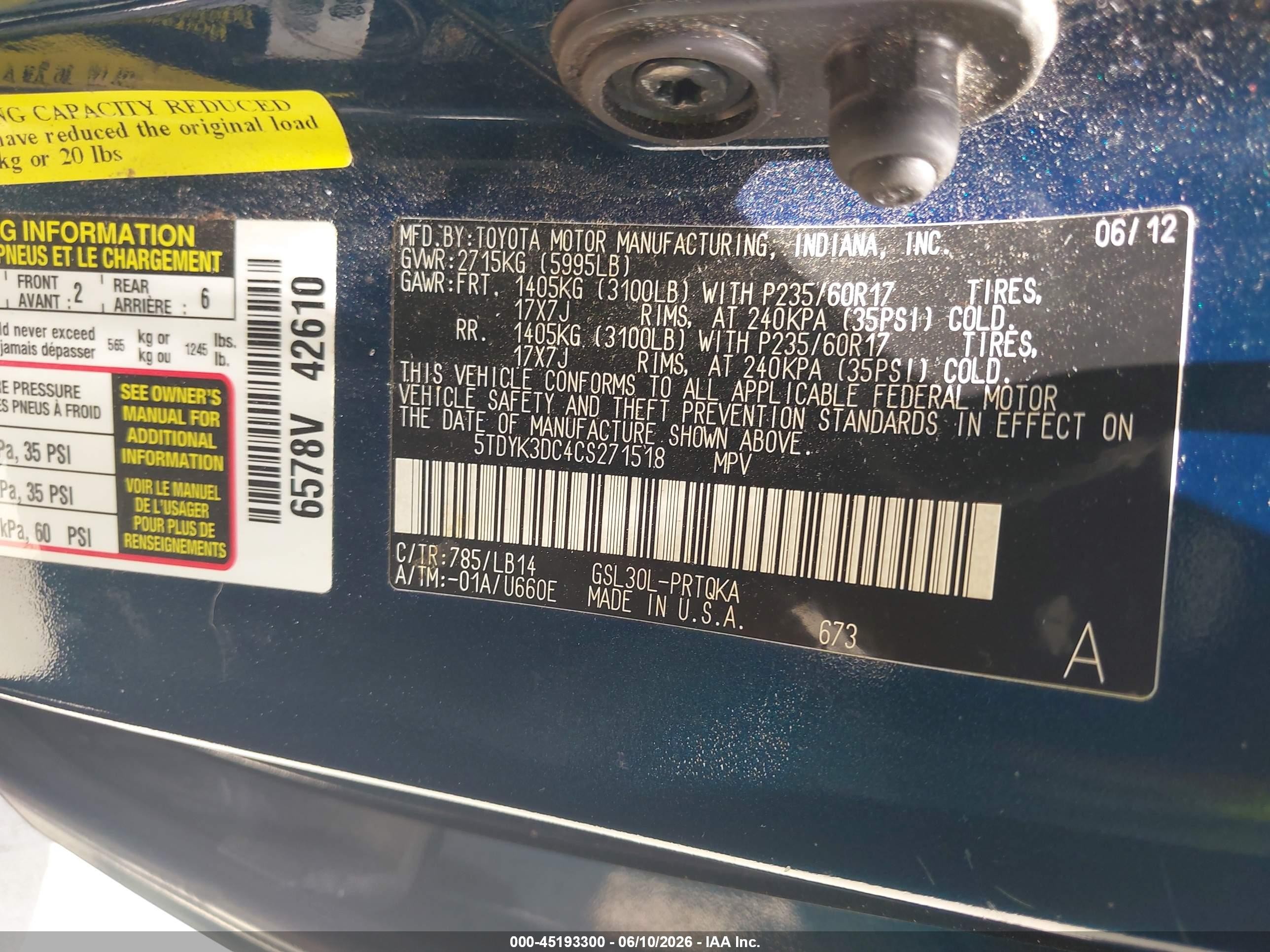 2012 Toyota Sienna Xle V6 8 Passenger Blue vin: 5TDYK3DC4CS271518