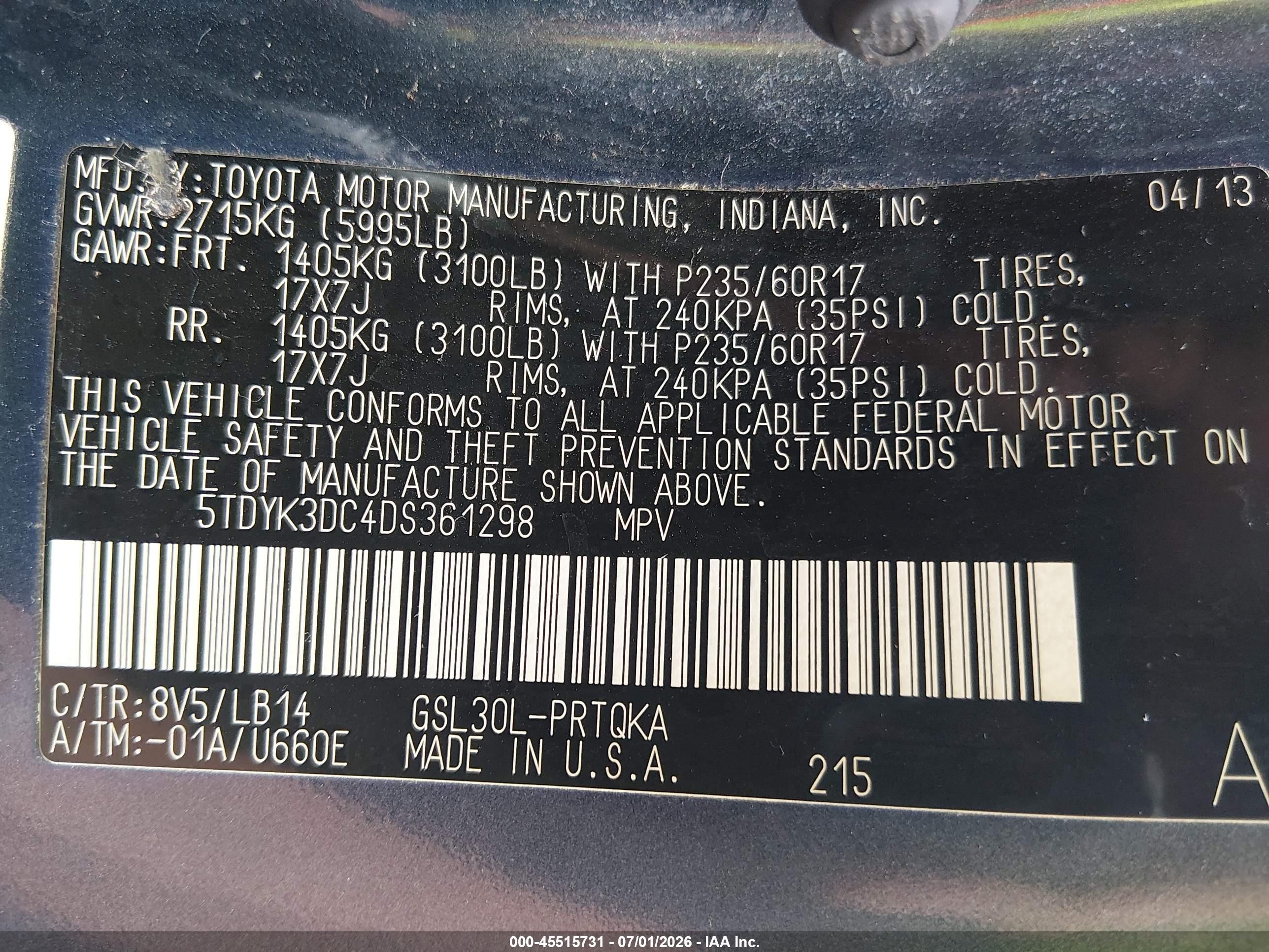 2013 Toyota Sienna Xle V6 8 Passenger Синий vin: 5TDYK3DC4DS361298