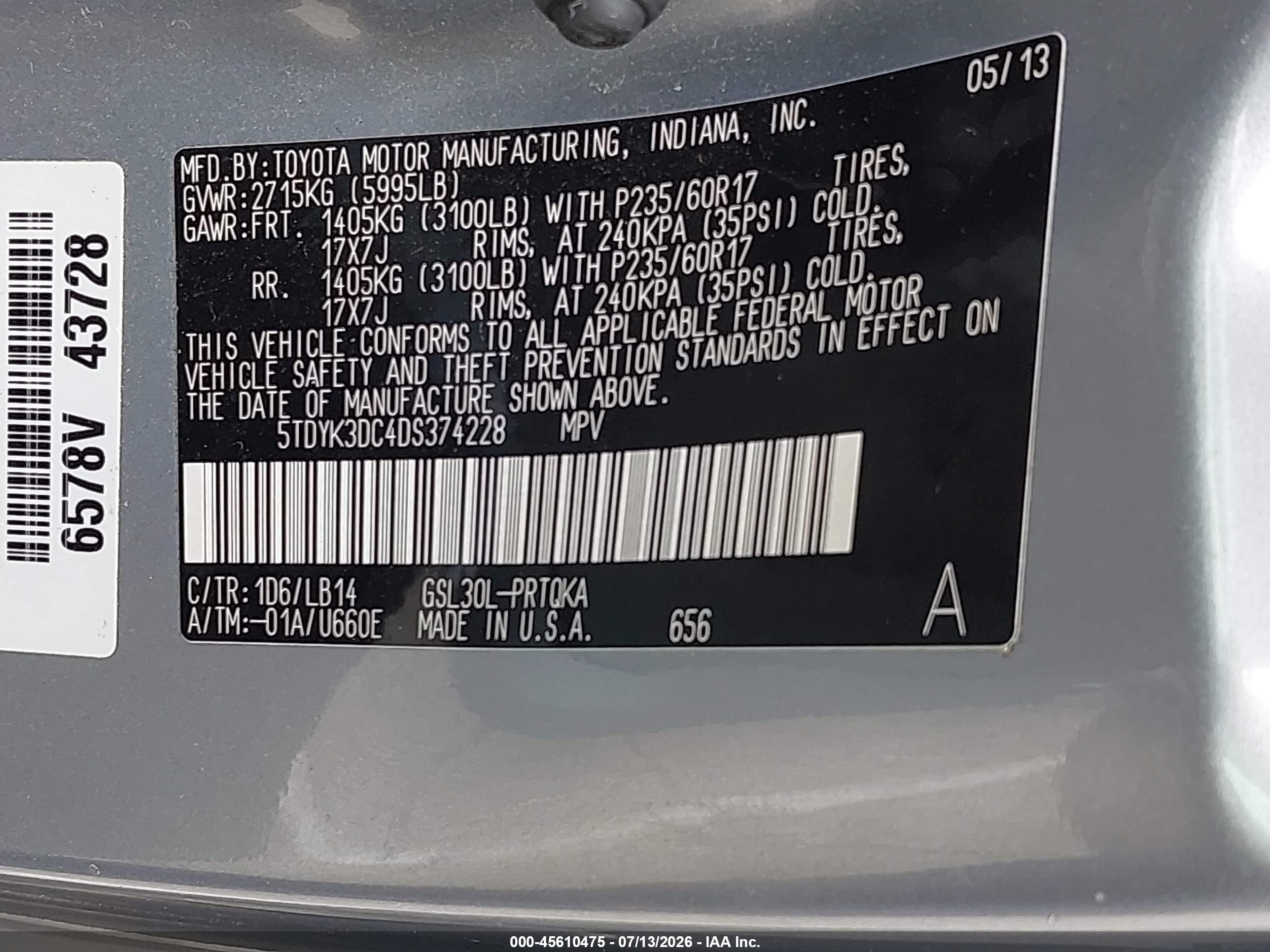 2013 Toyota Sienna Xle V6 8 Passenger Silver vin: 5TDYK3DC4DS374228
