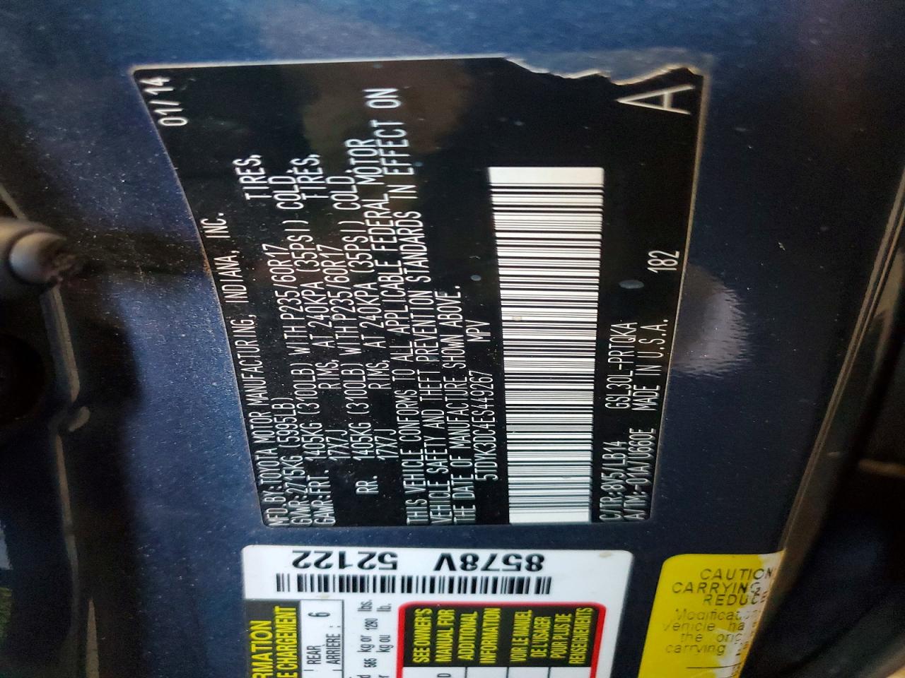 2014 Toyota Sienna Xle 8-passenger Blue vin: 5TDYK3DC4ES449267