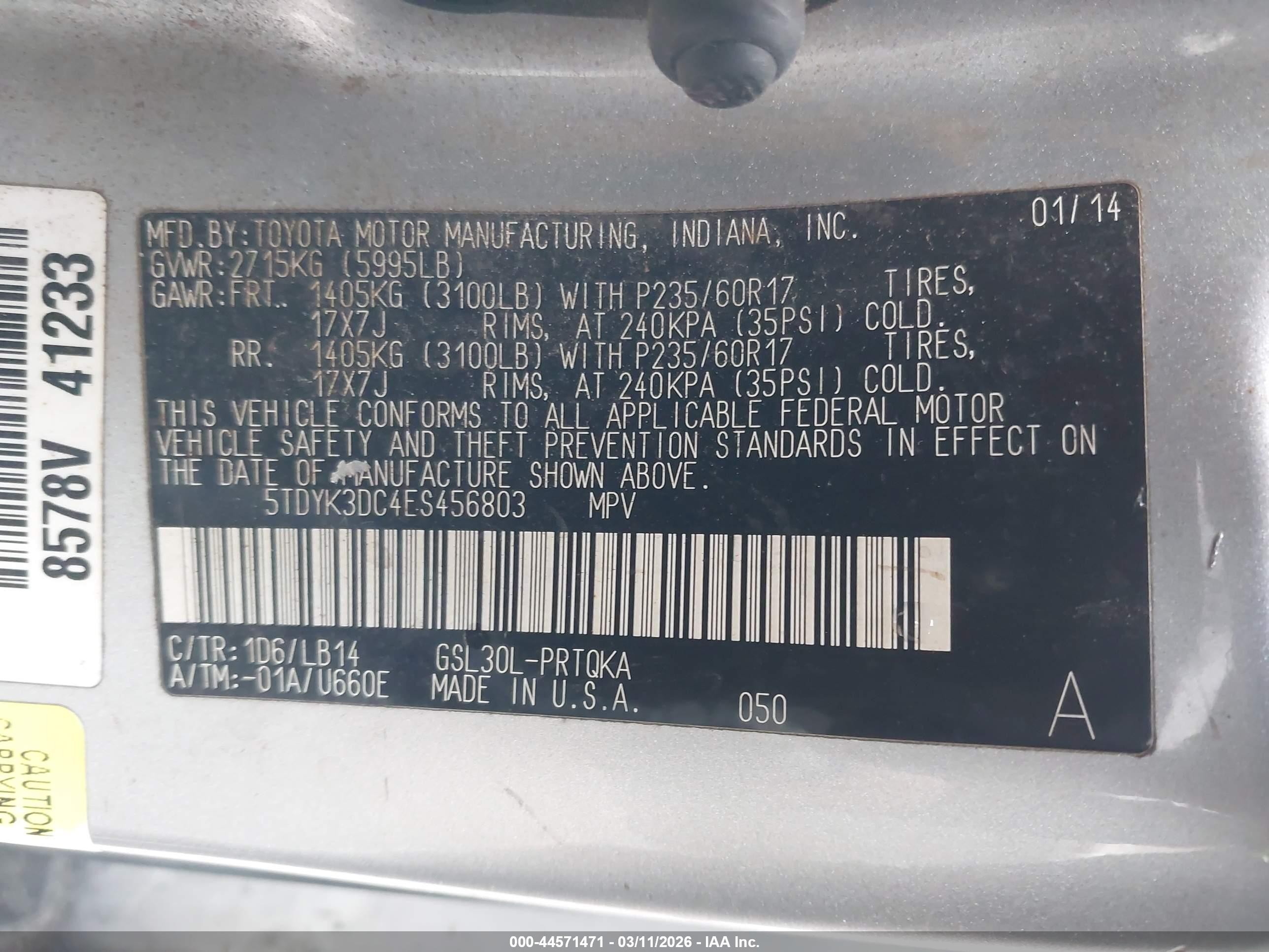 2014 Toyota Sienna Xle V6 8 Passenger Silver vin: 5TDYK3DC4ES456803