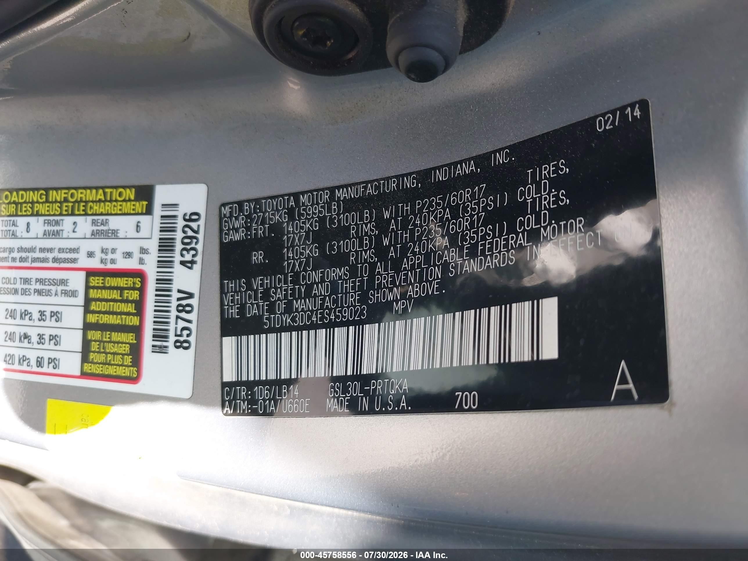 2014 Toyota Sienna Xle V6 8 Passenger Silver vin: 5TDYK3DC4ES459023