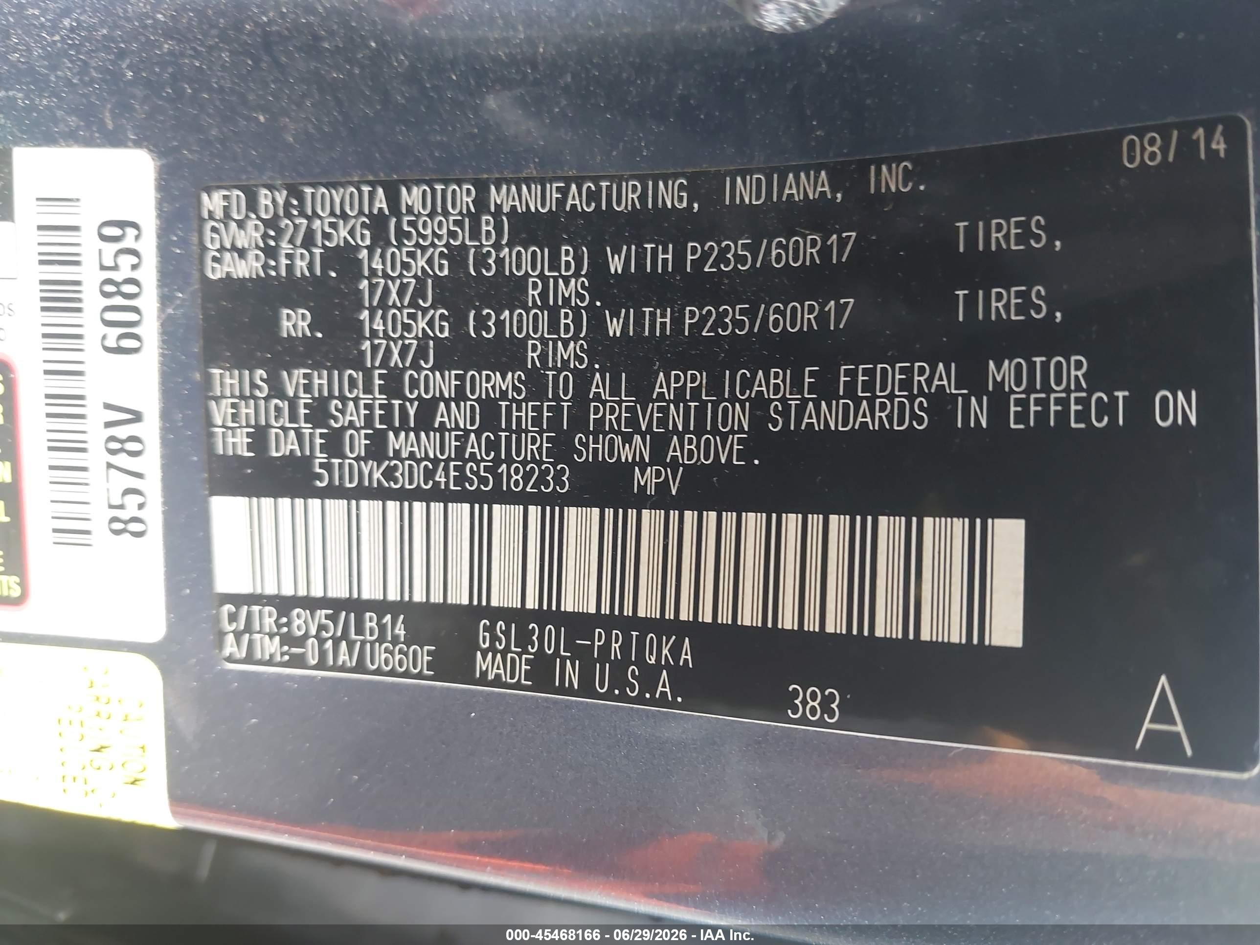 2014 Toyota Sienna Xle V6 8 Passenger Blue vin: 5TDYK3DC4ES518233