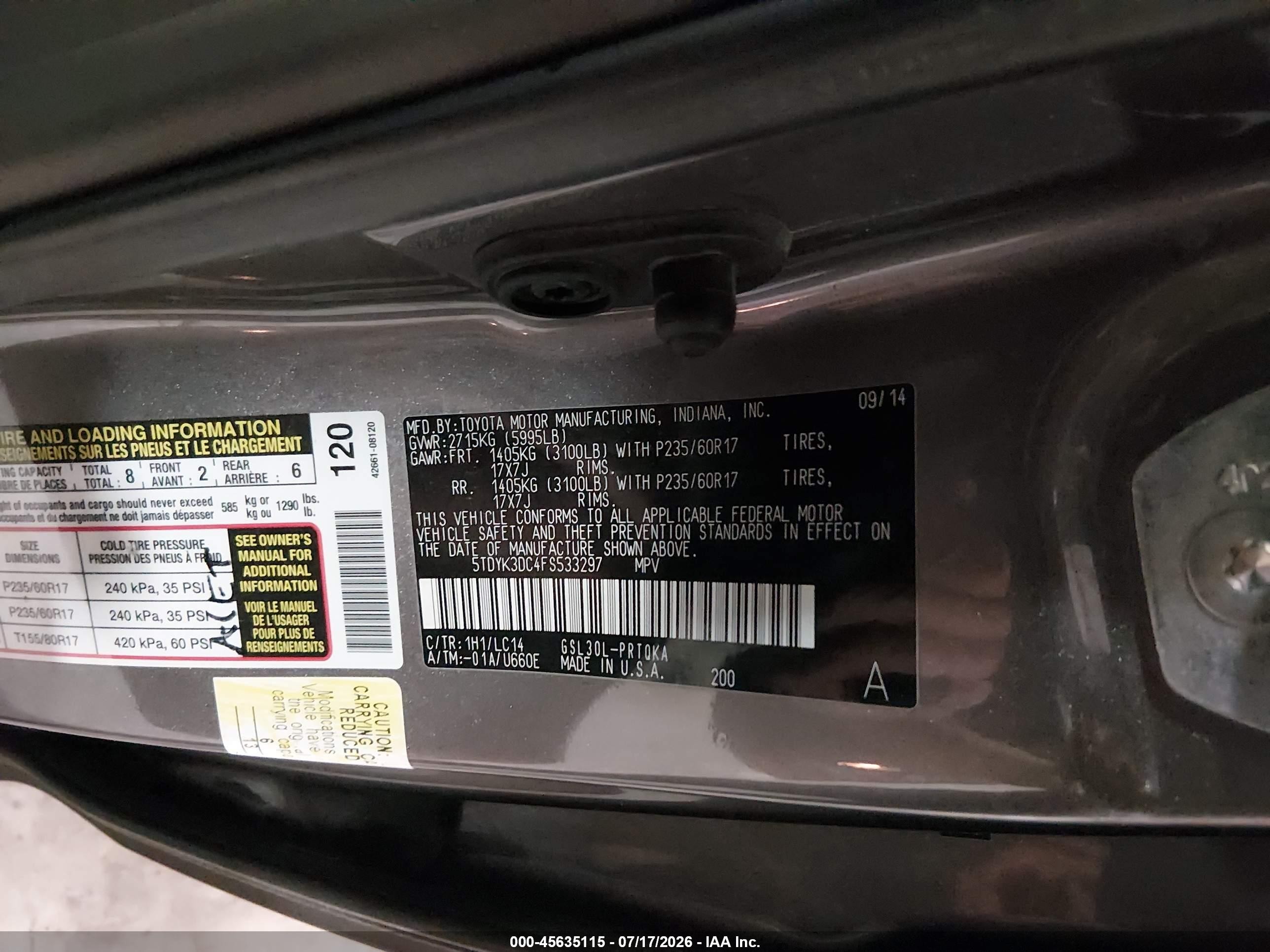 2015 Toyota Sienna Xle Premium 8 Passenger Gray vin: 5TDYK3DC4FS533297