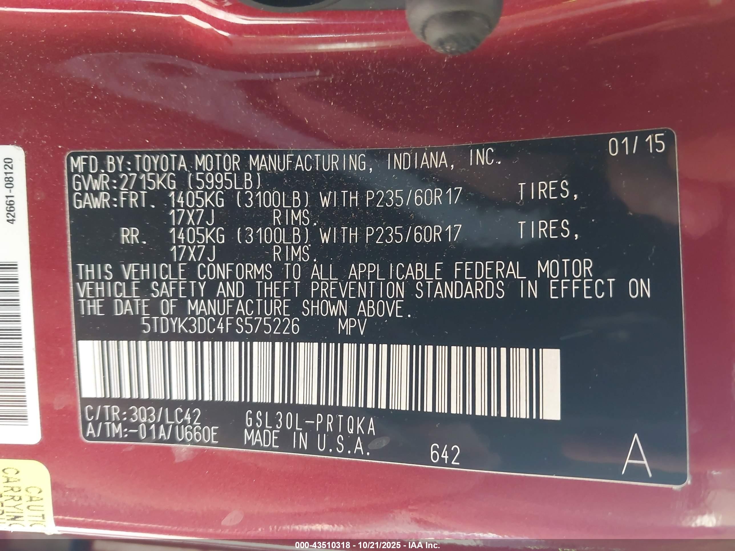 2015 Toyota Sienna Xle 8 Passenger Red vin: 5TDYK3DC4FS575226
